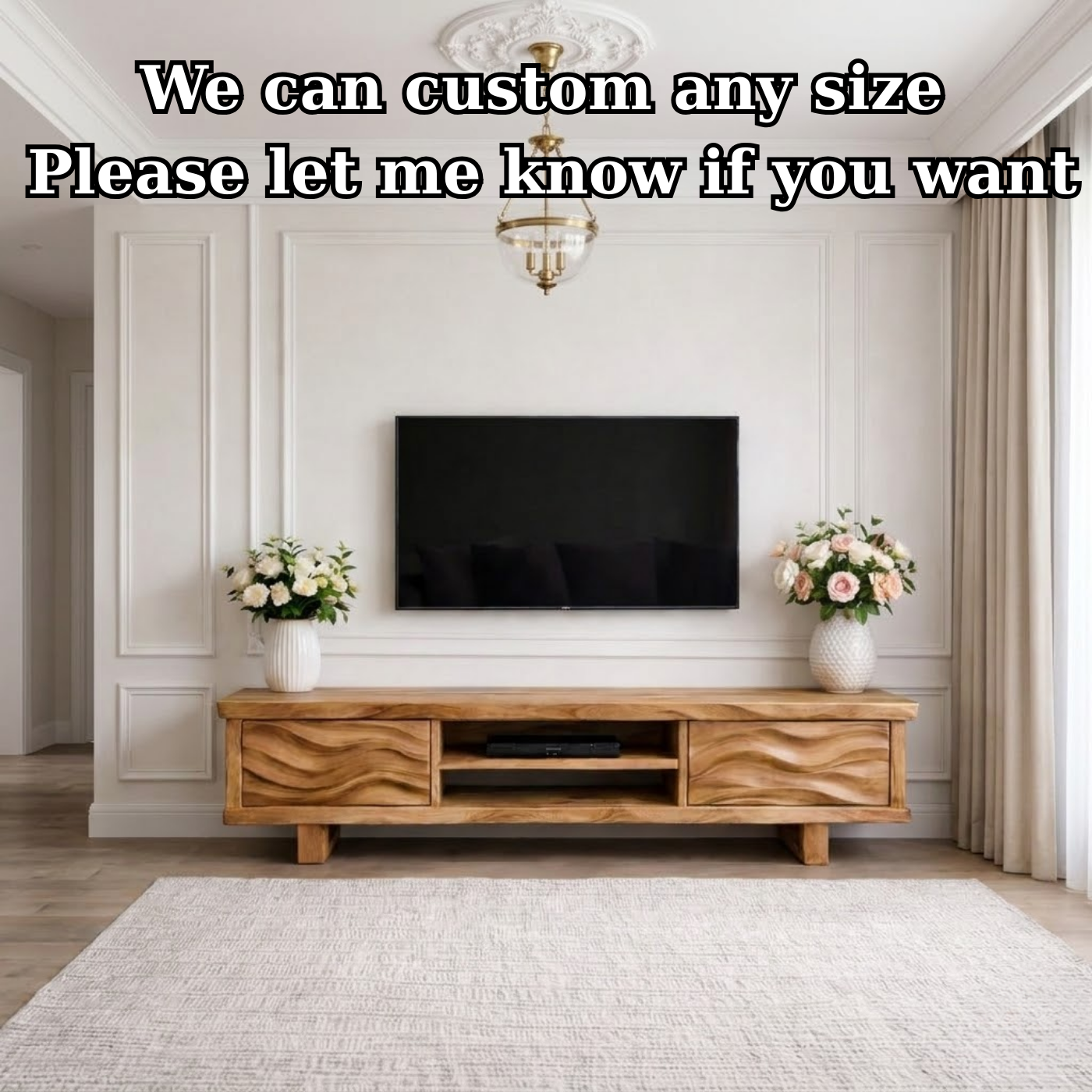 Solid Wood TV Stand with Wave Pattern Doors Modern Wooden Media Console for Living Room