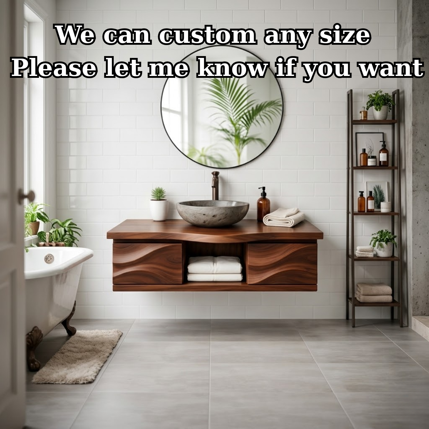 Floating Solid Wood Bathroom Vanity with Sculpted Wavy Front and Open Shelf