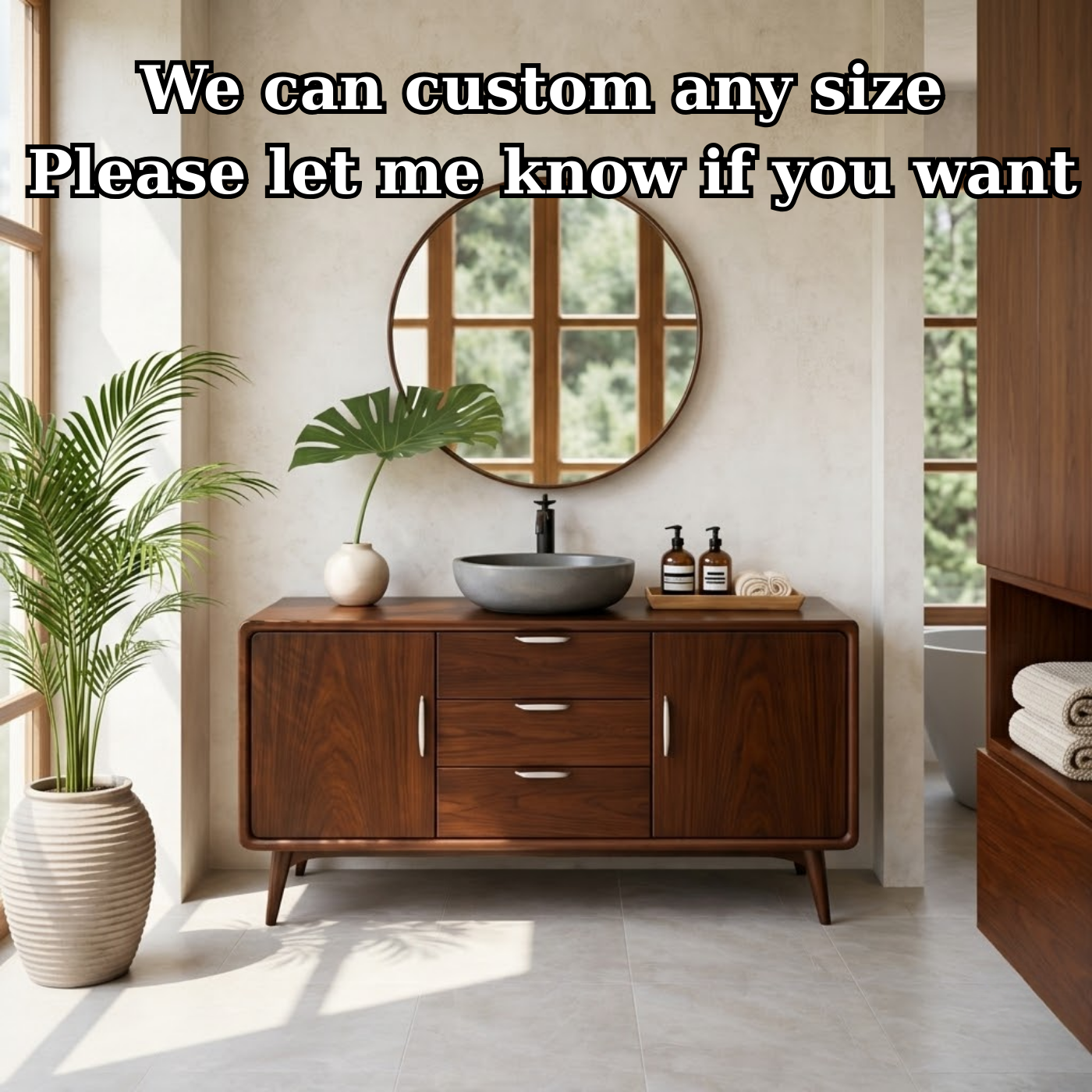 Mid Century Solid Wood Bathroom Vanity with Drawer Storage and Cabinet Doors