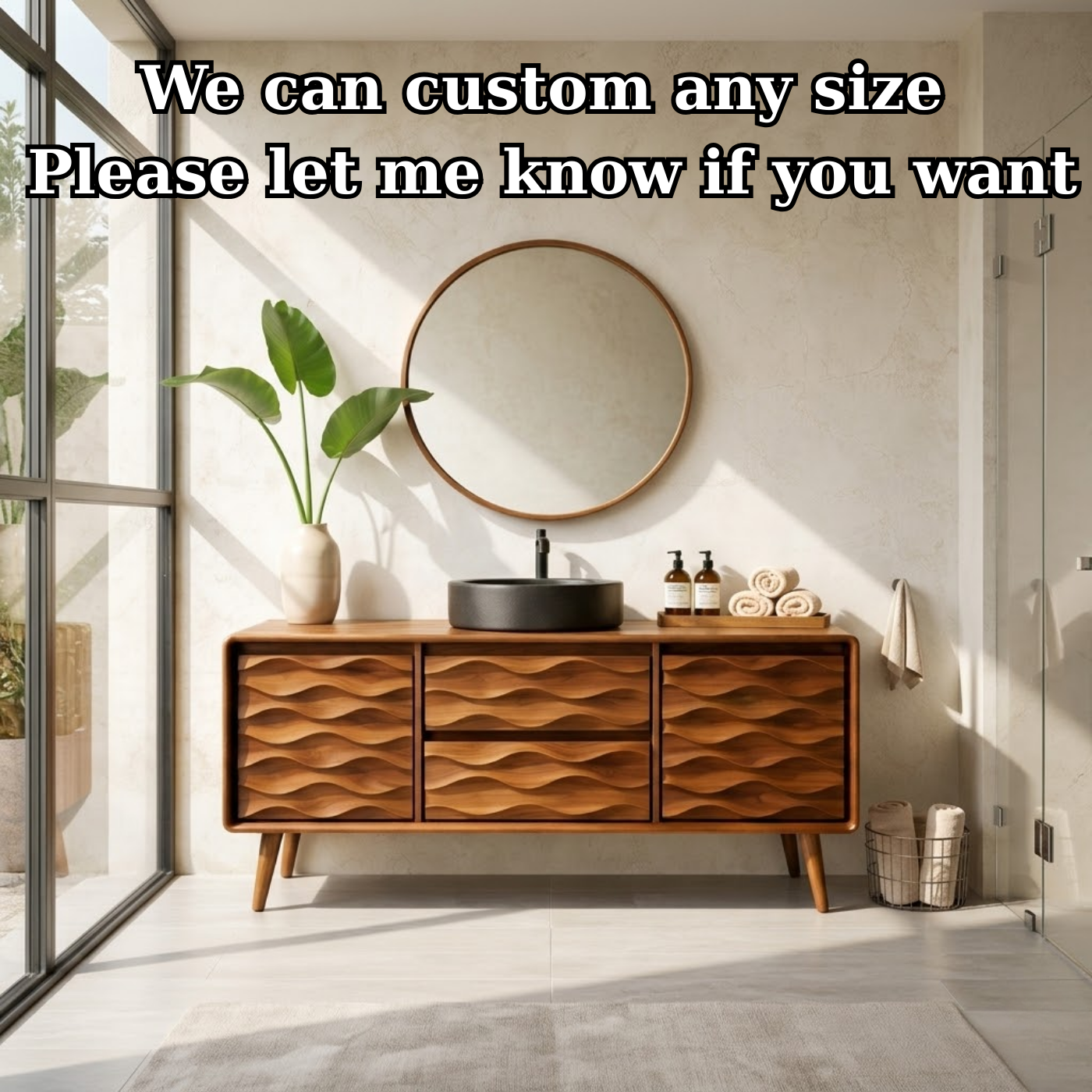 Solid Wood Bathroom Vanity with Layered Wavy Front Panels and Storage Drawers