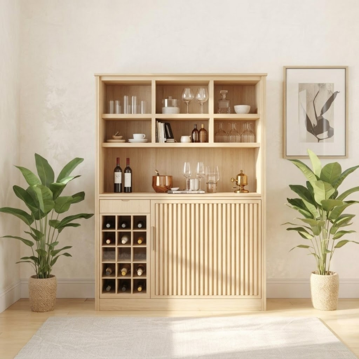 Modern Wine Cabinet with Bottle Rack, Display Shelves and Sliding Door Storage