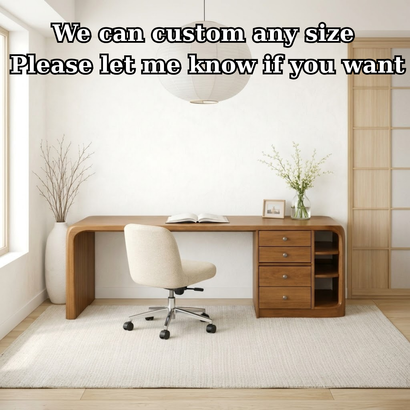 Solid Wood Waterfall Desk with Integrated Storage Drawers and Open Shelf