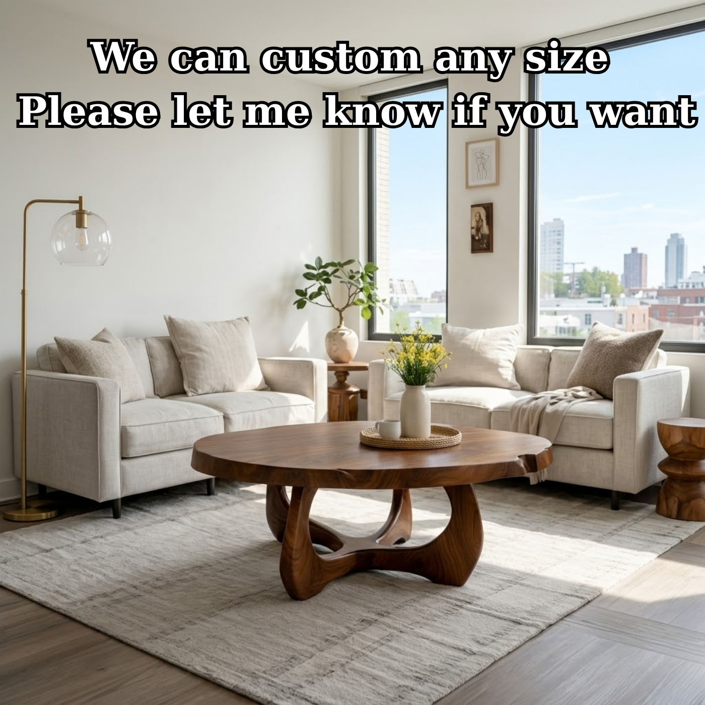 Modern Round Solid Wood Coffee Table with Sculptural Pedestal Base