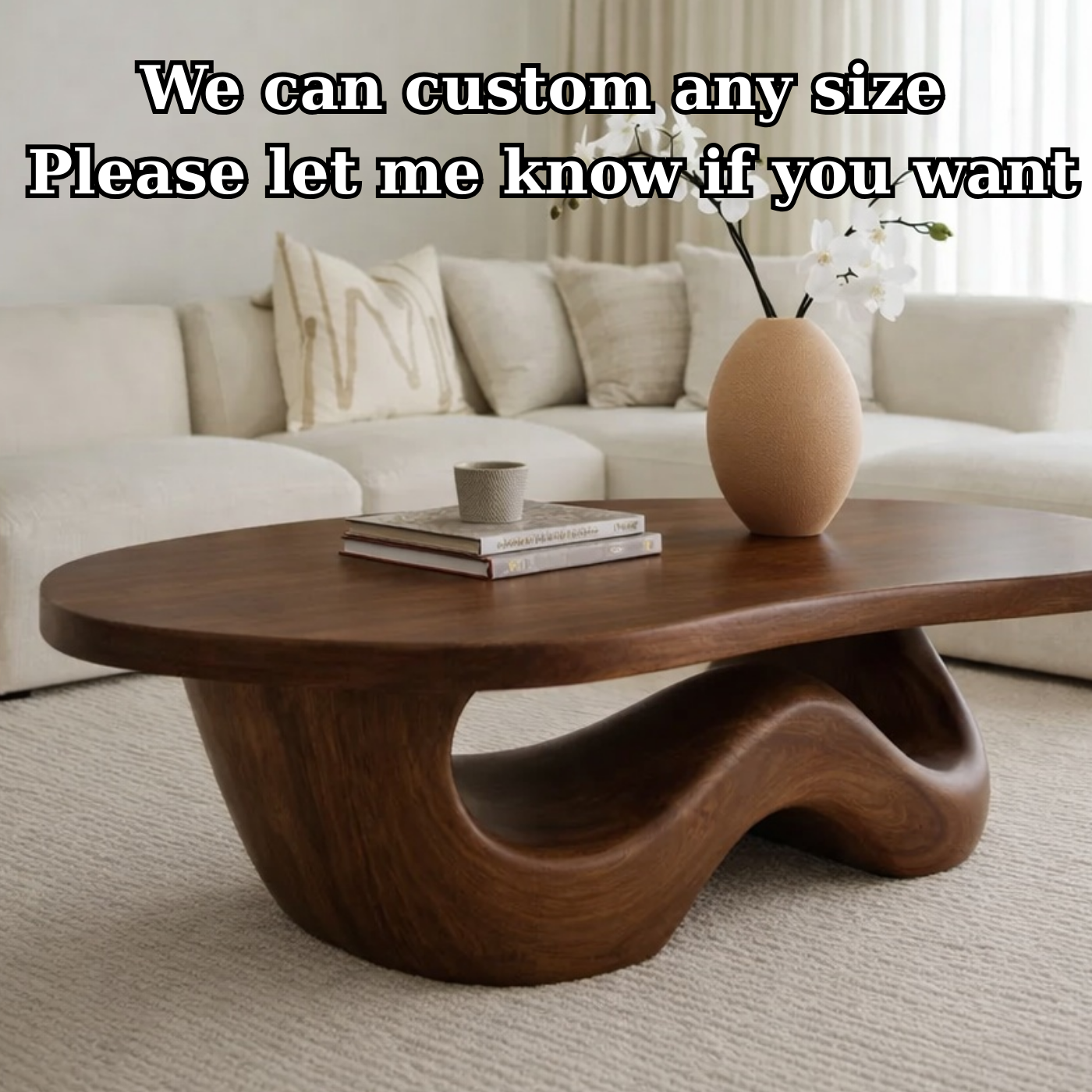 Solid Wood Coffee Table with Sculpted Organic Wave Base