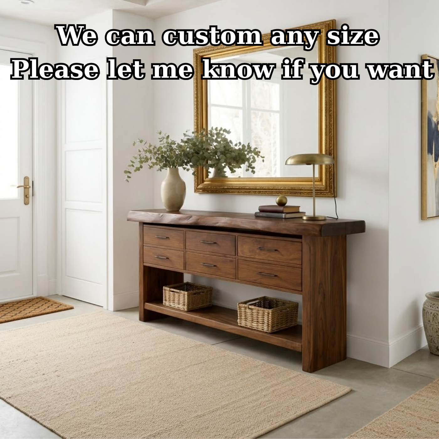 Solid Wood Console Table with Live Edge Top and 6 Drawers