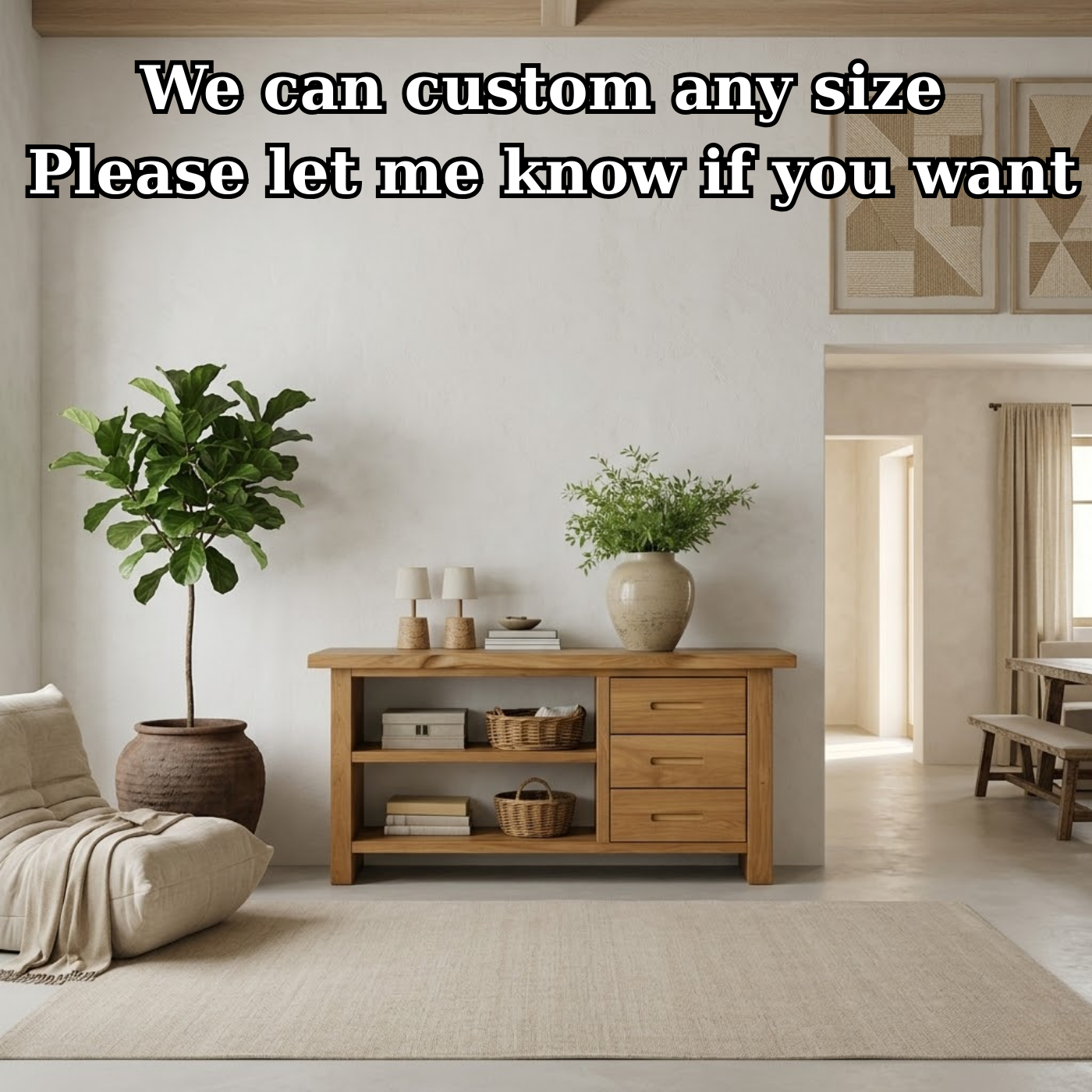 Solid Wood Console Table for Living Room with Open Shelves and Drawers
