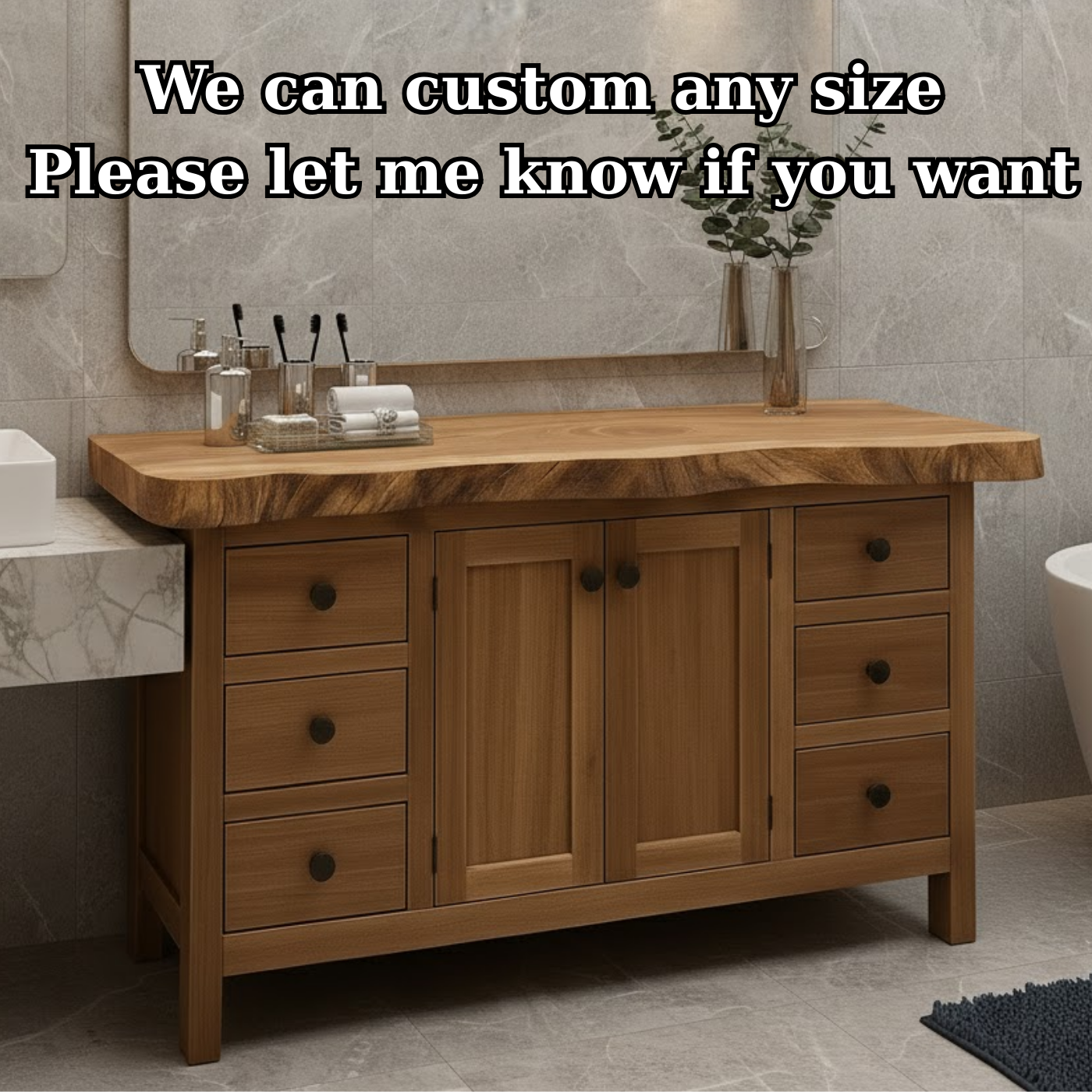 Solid Wood Bathroom Vanity with Live Edge Top and Ample Storage
