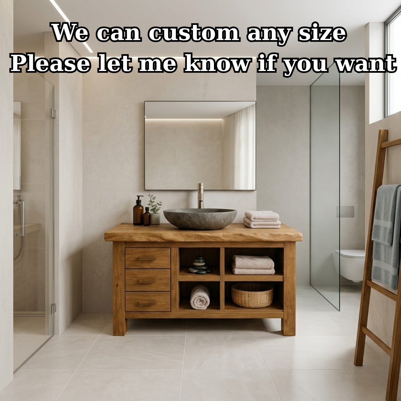Solid Wood Bathroom Vanity with Live Edge Top and Open Shelves
