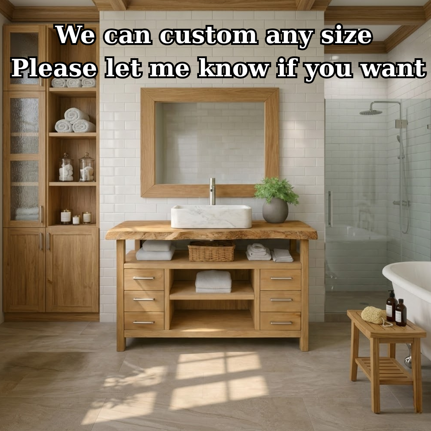 Solid Wood Bathroom Vanity with Six Drawers and Open Shelves – Freestanding Natural Wood Vanity Cabinet