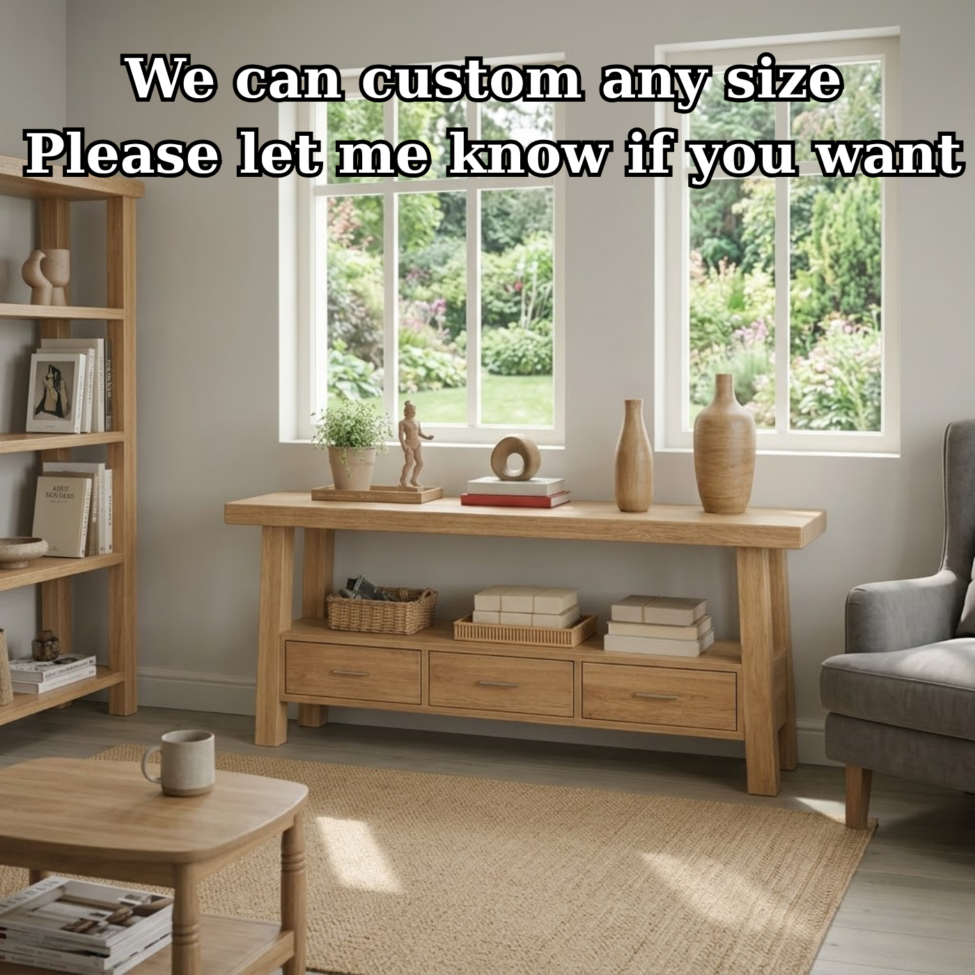 Solid Wood Console Table for Living Room with 3 Drawers and Open Shelf