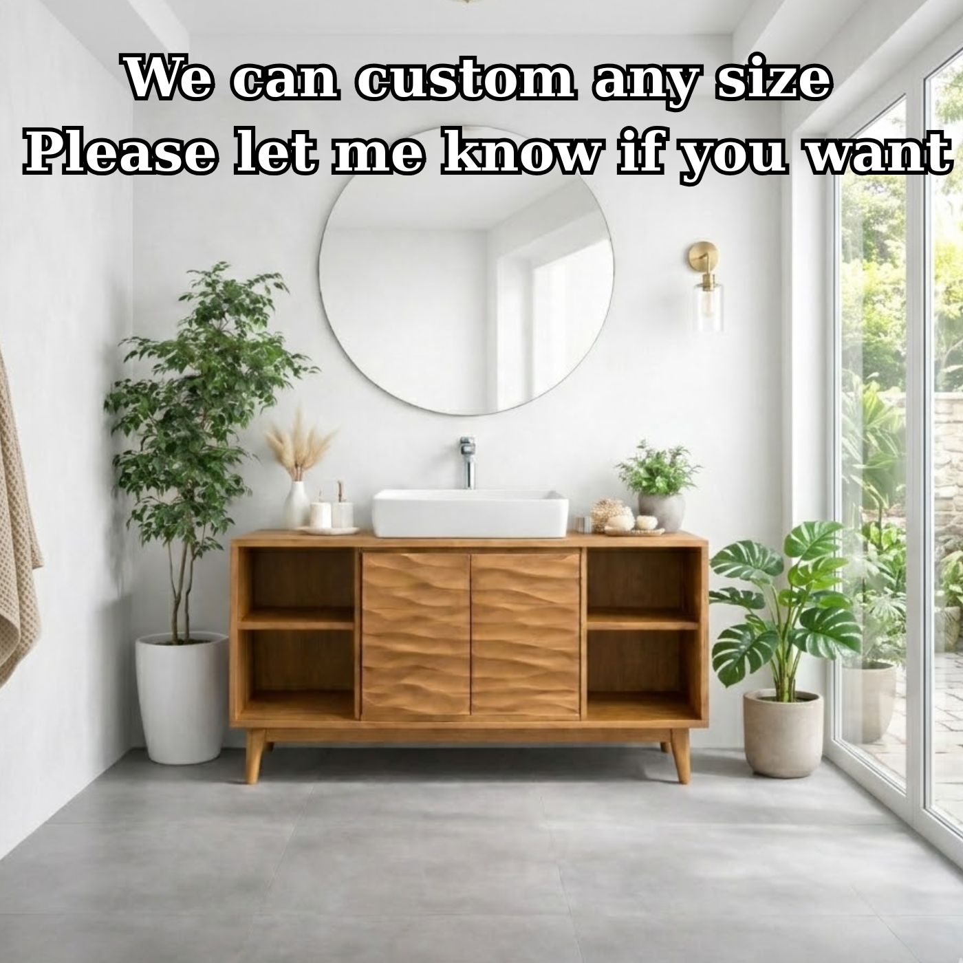 Mid-Century Solid Wood Bathroom Vanity with Textured Cabinet Doors and Open Shelving