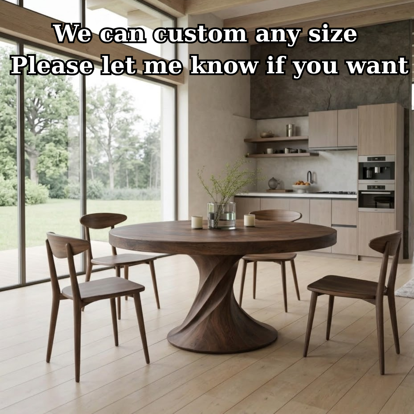 Solid Wood Round Dining Table with Sculptural Pedestal Base – Modern Rustic Dining Table