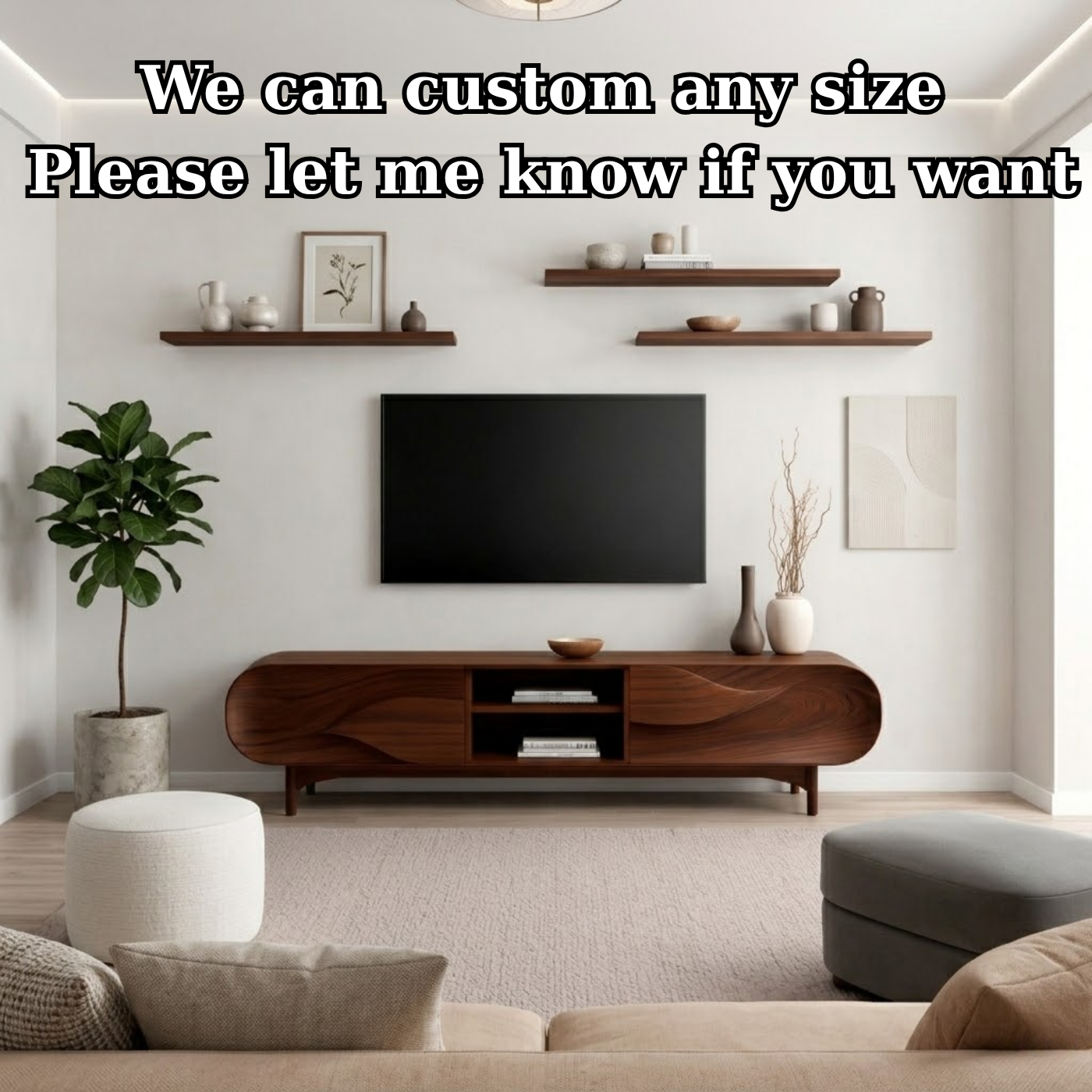 Solid Wood TV Stand with Sculpted Wave Front – Modern Walnut Media Console