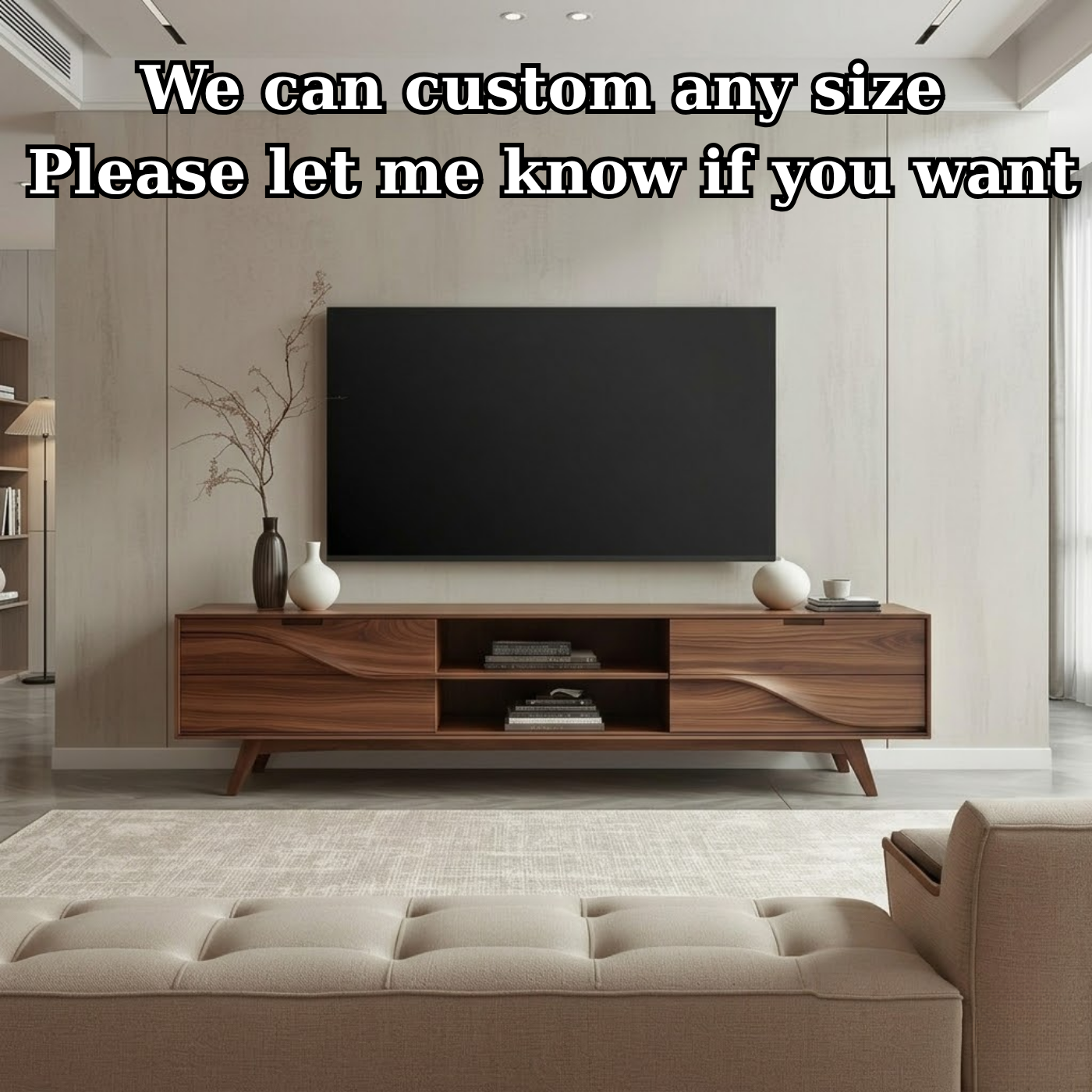 Solid Wood TV Stand with Wave Carved Drawers – Modern Mid-Century Media Console