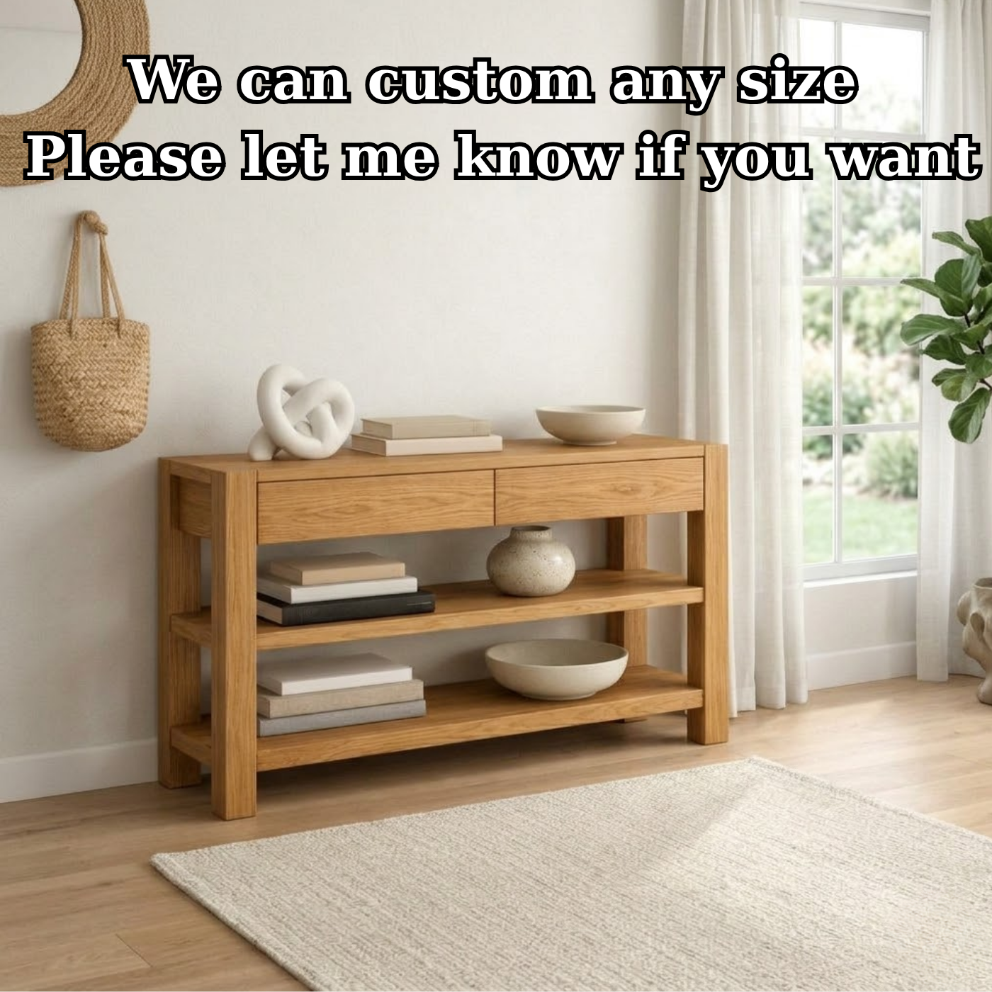 Solid Wood Console Table with Drawers and Shelves – Modern Oak Entryway Storage Table