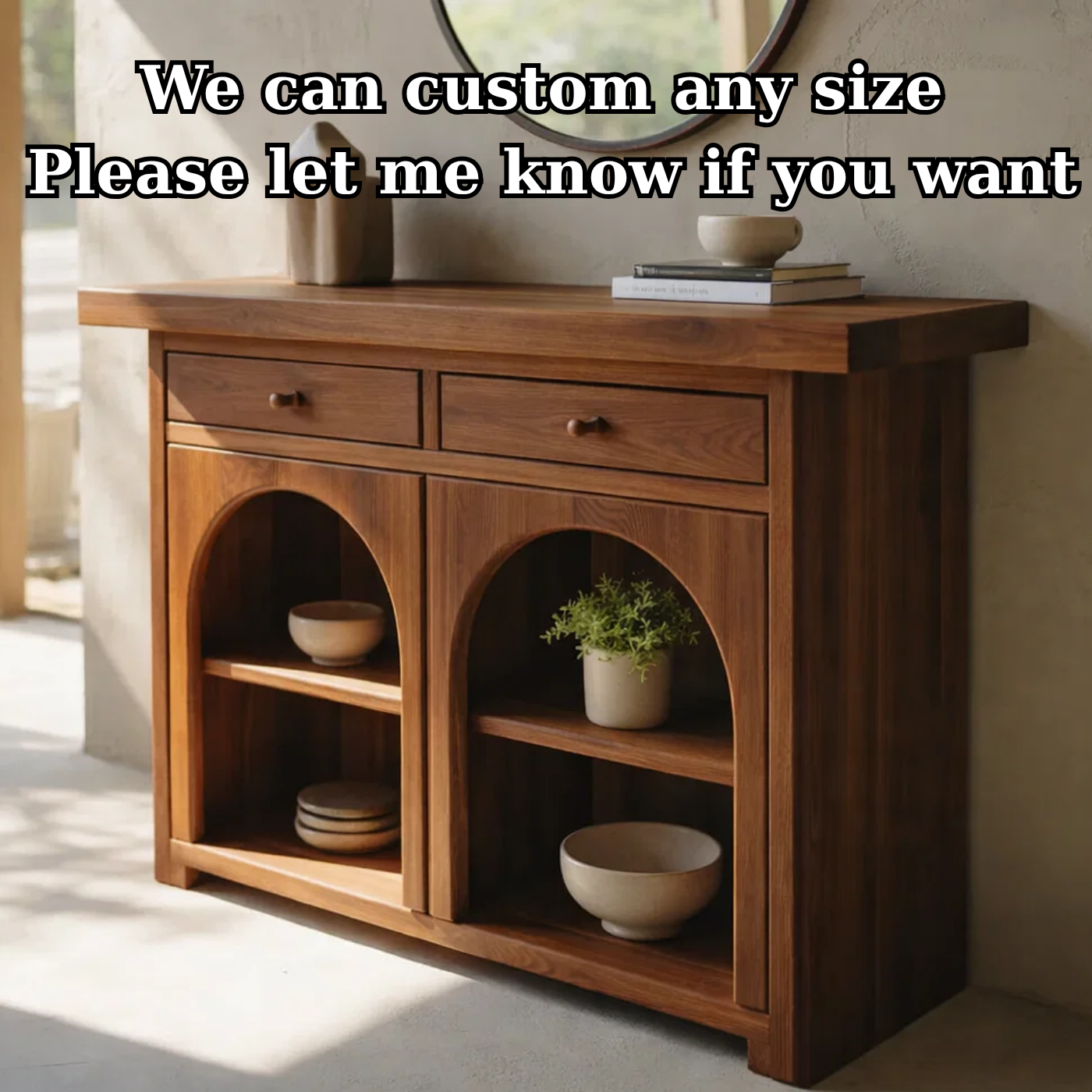 Solid Wood Console Cabinet with Arched Shelves – Modern Entryway Storage Console