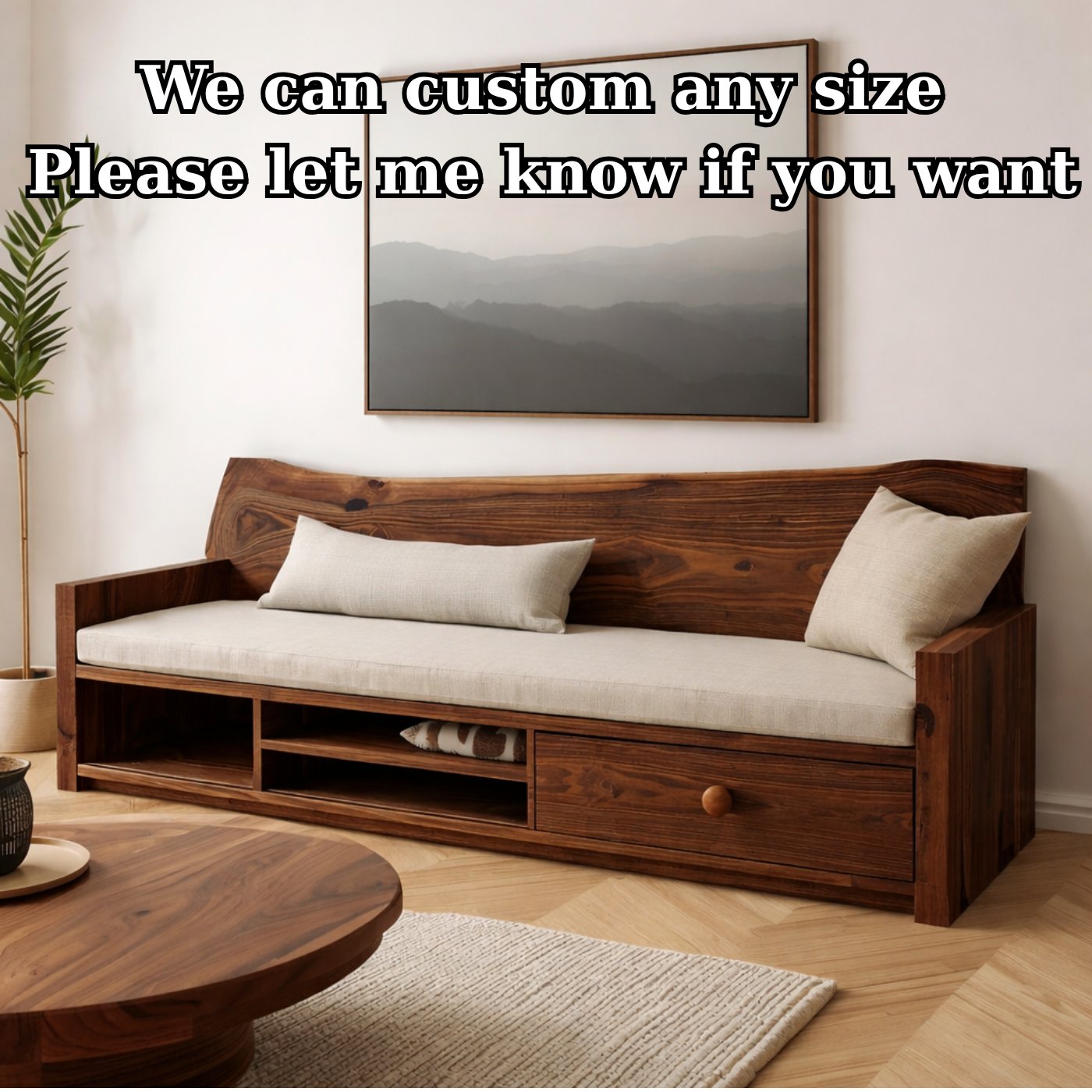 Solid Wood Storage Sofa – Rustic Wooden Bench Sofa with Drawer Shelf