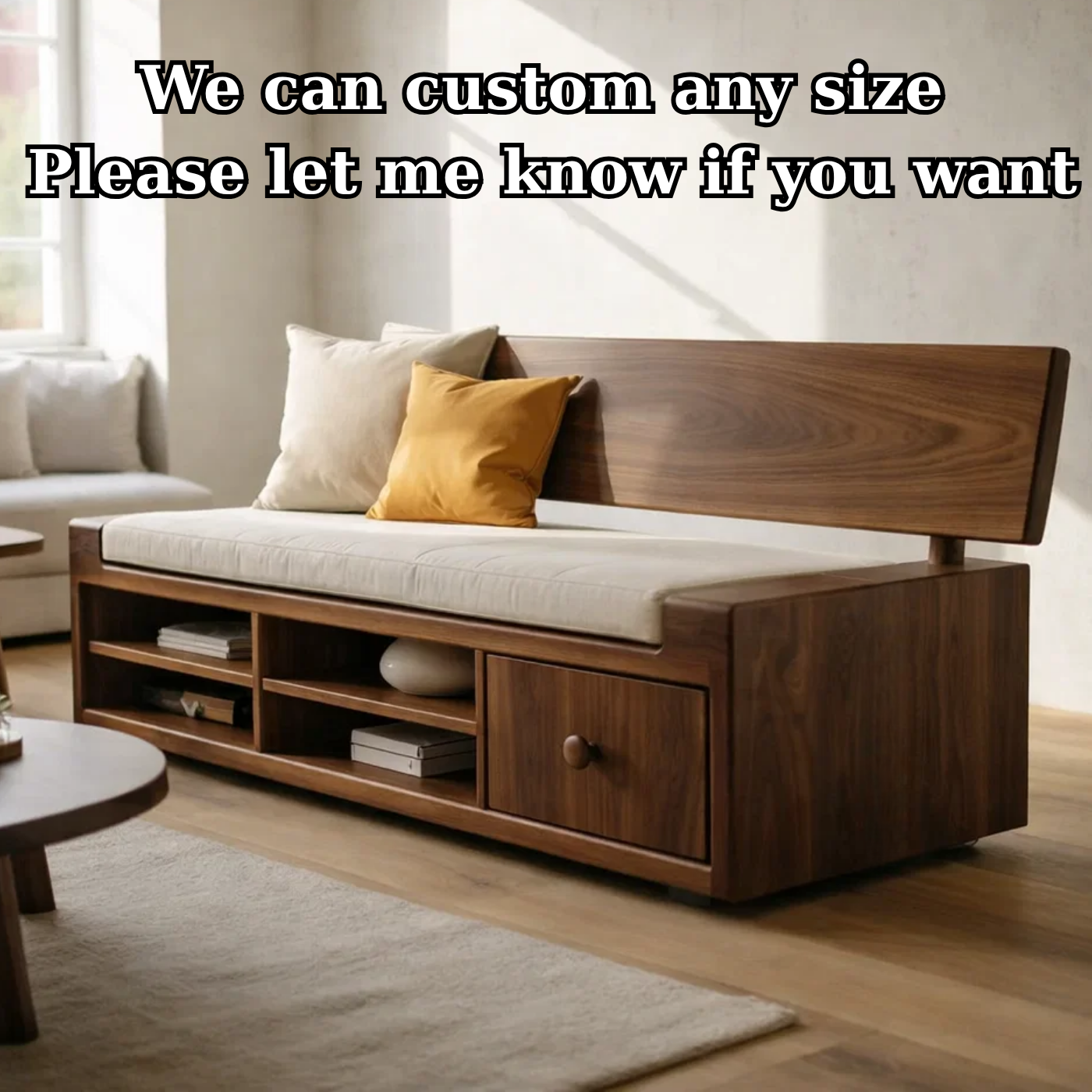 Solid Wood Storage Sofa – Walnut Wooden Sofa with Built-in Shelves