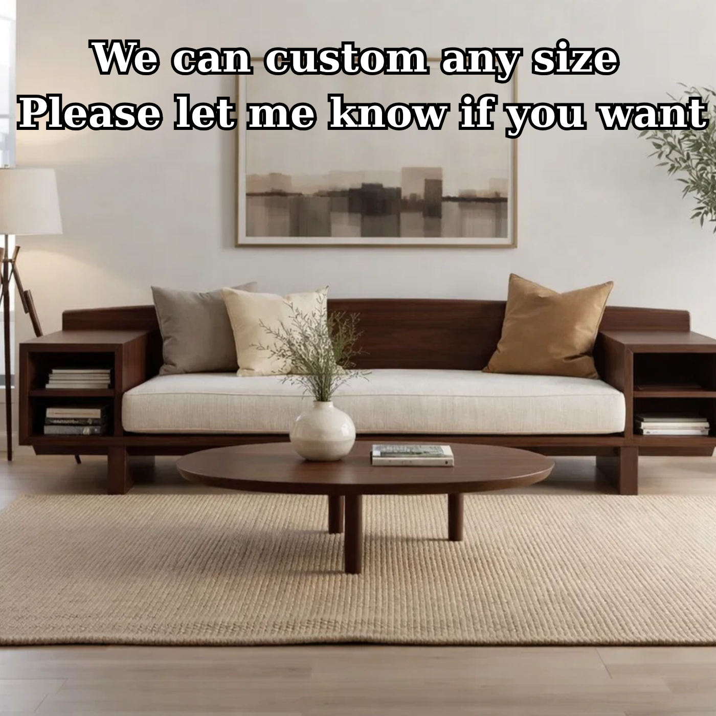 Walnut Solid Wood Sofa with Side Shelves – Modern Wooden Living Room Sofa