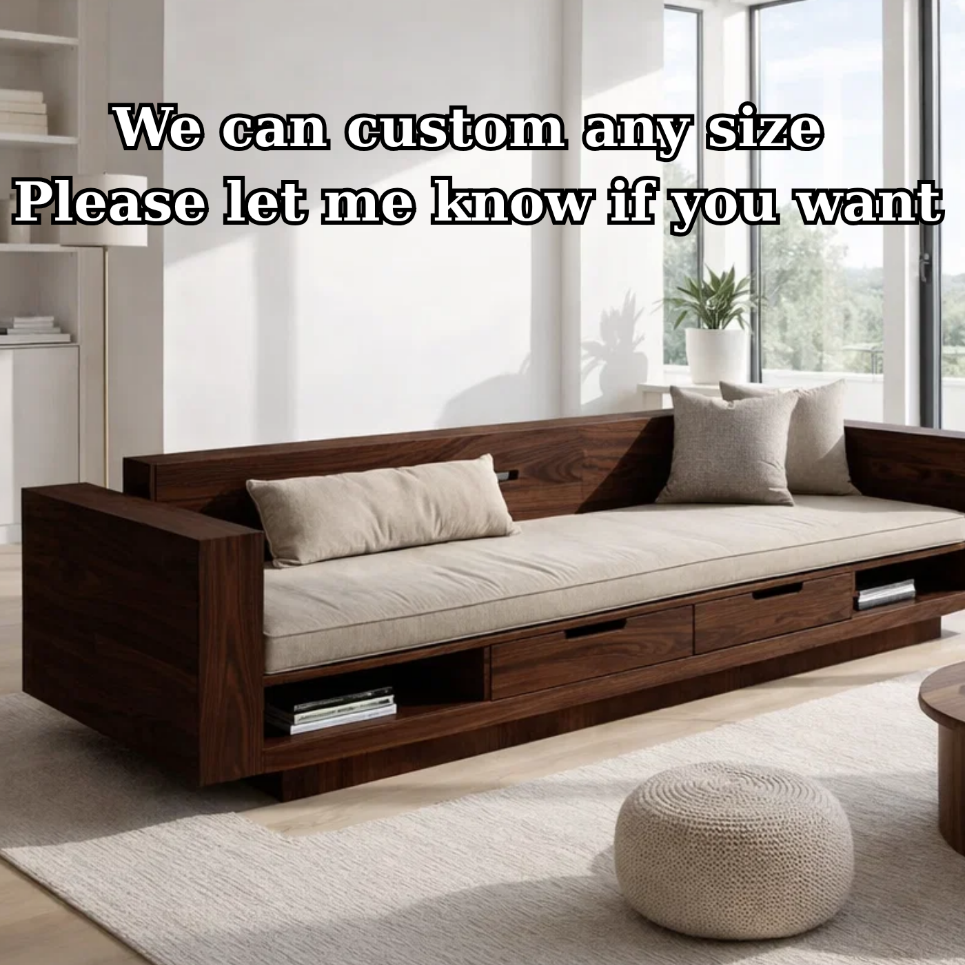 Walnut Solid Wood Storage Sofa – Modern Wooden Sofa with Drawers and Open Shelves