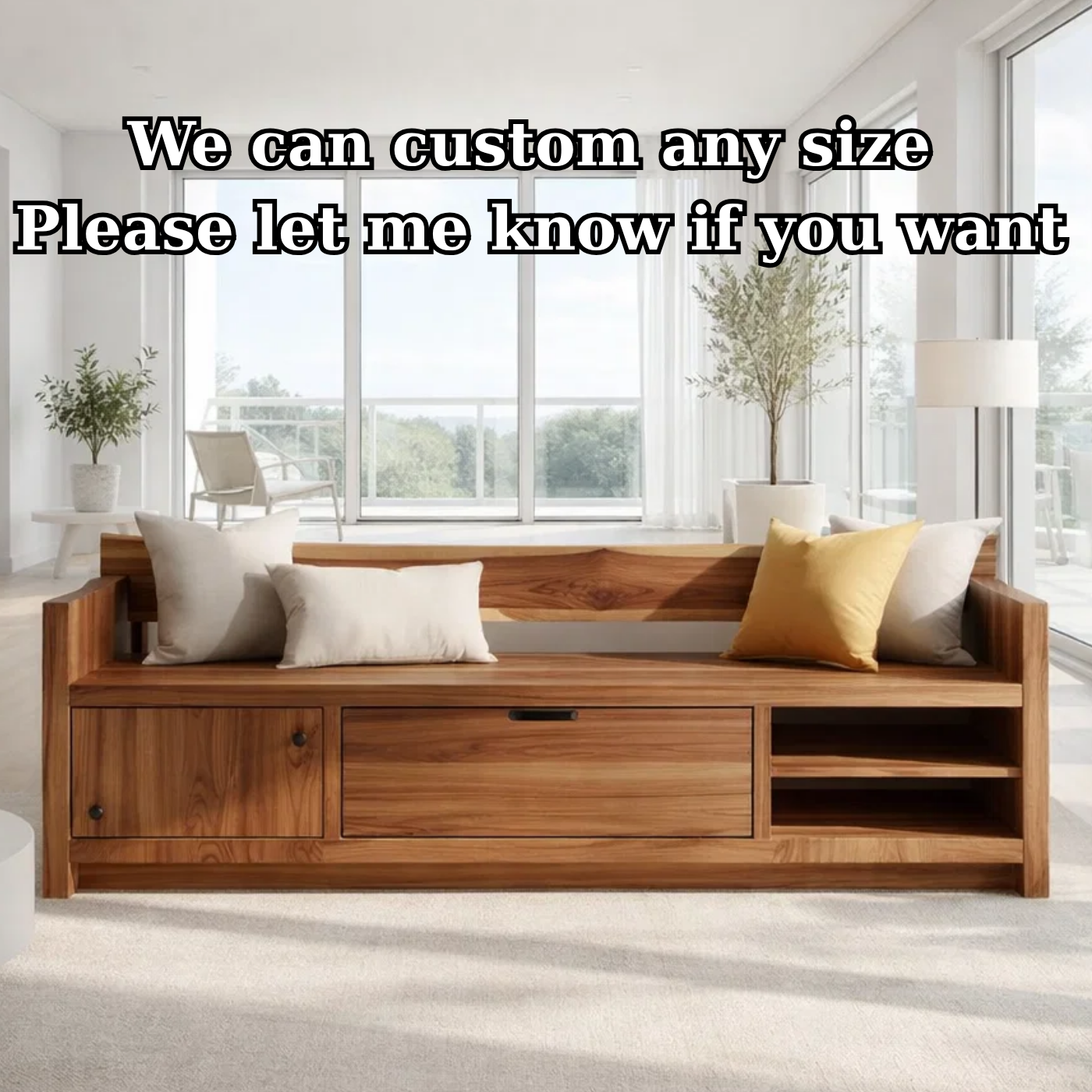 Solid Wood Storage Sofa Bench – Modern Wooden Sofa with Drawer and Open Shelves