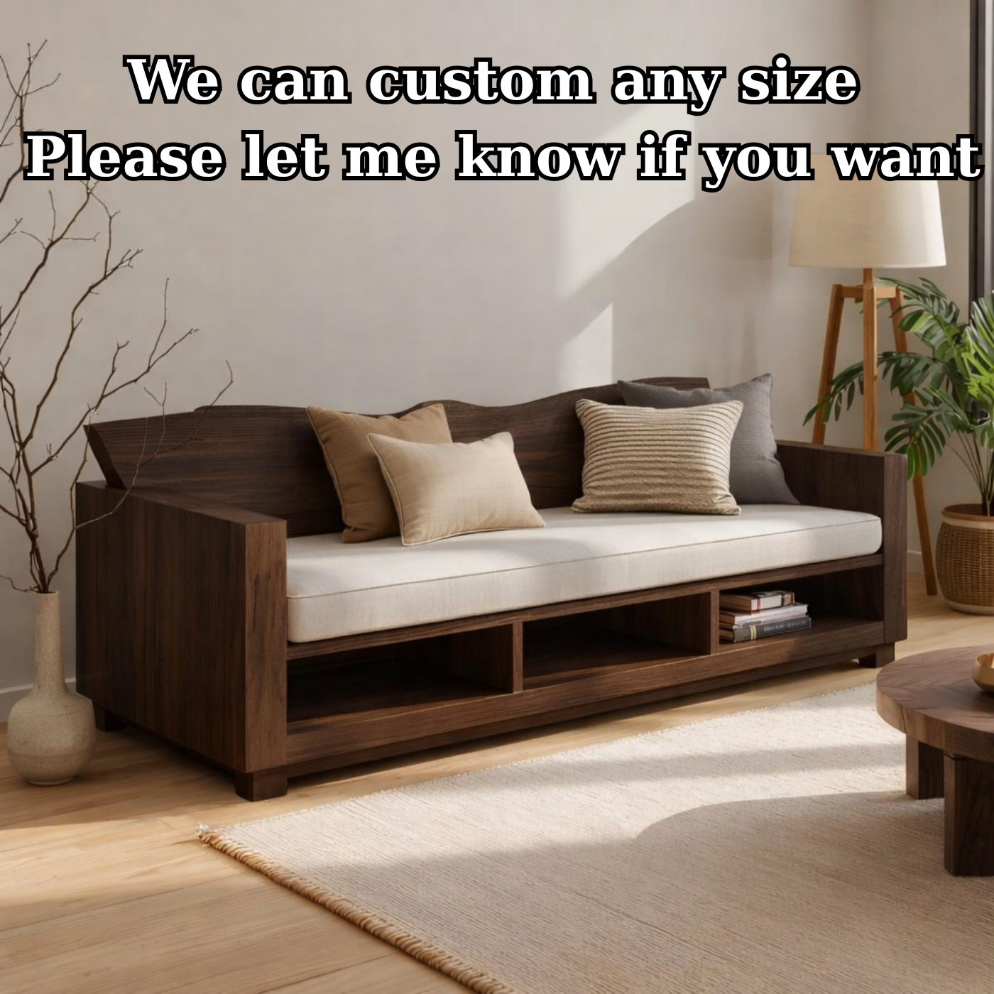 Walnut Solid Wood Sofa with Storage Shelf – Modern Wooden Living Room Sofa