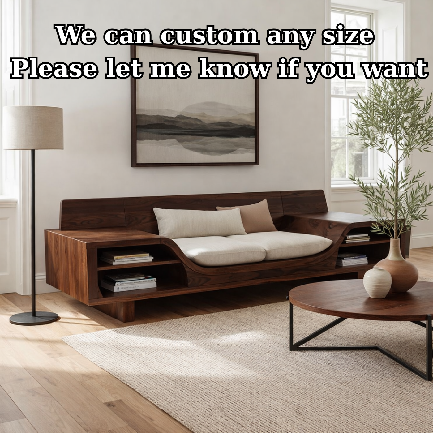 Walnut Solid Wood Sofa with Shelves – Modern Sculptural Wooden Sofa