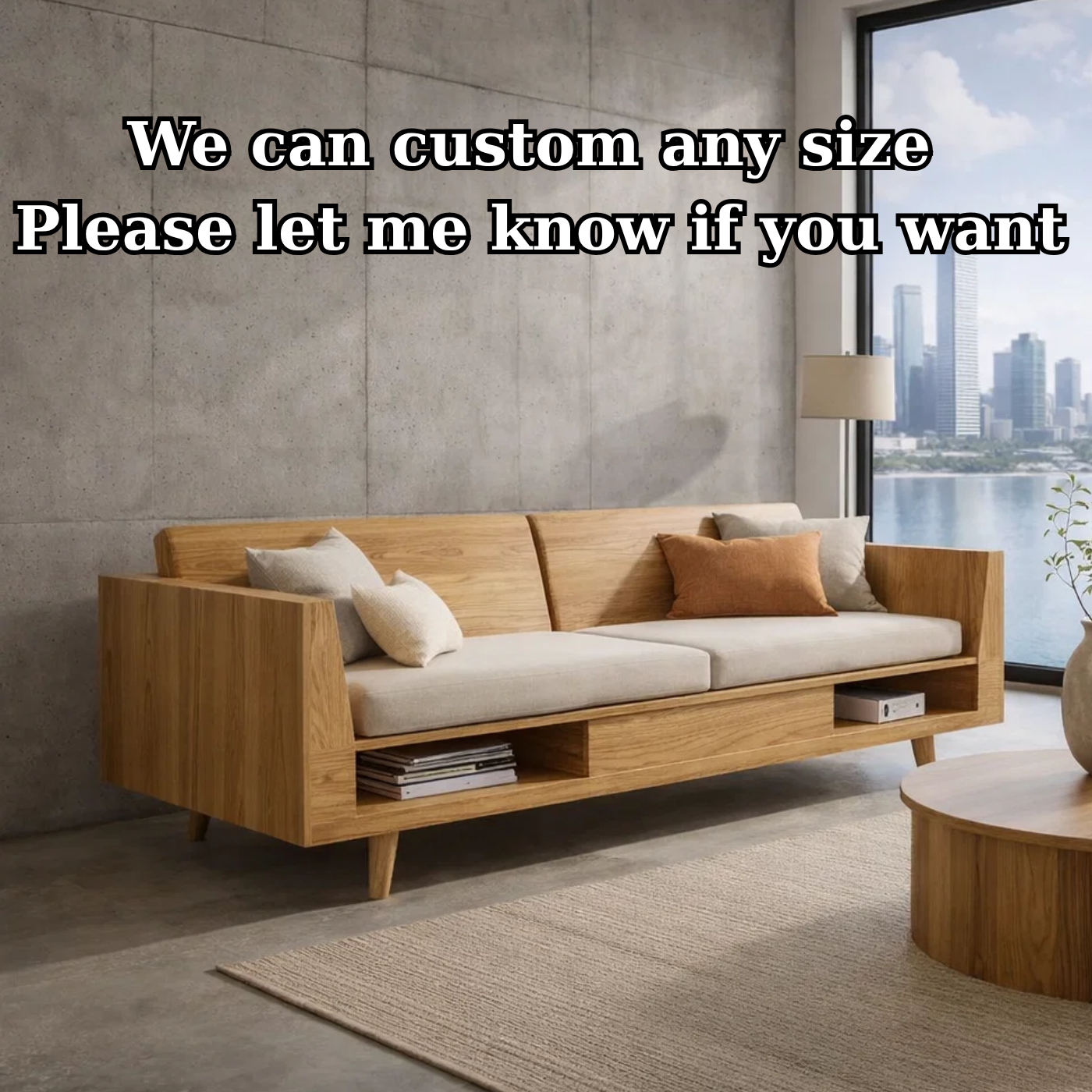 Solid Wood Storage Sofa – Modern Oak Wooden Sofa with Open Shelf