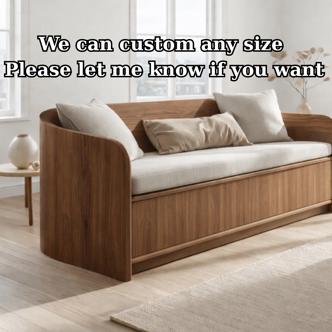 Solid Wood Storage Sofa – Curved Wooden Sofa with Hidden Storage Base