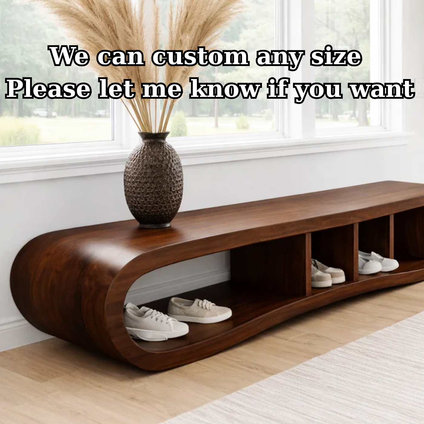 Solid Wood Shoe Storage Bench – Curved Wooden Entryway Bench with Open Cubby Shelf