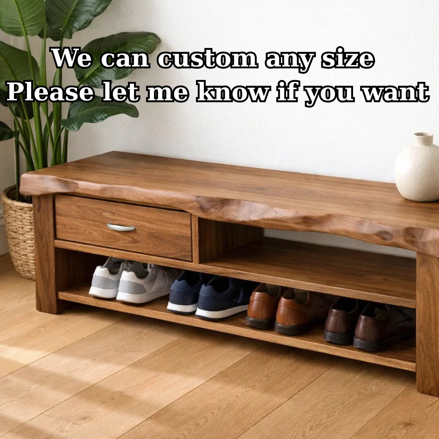 Solid Wood Shoe Storage Bench – Live Edge Entryway Bench with Drawer and Shelf
