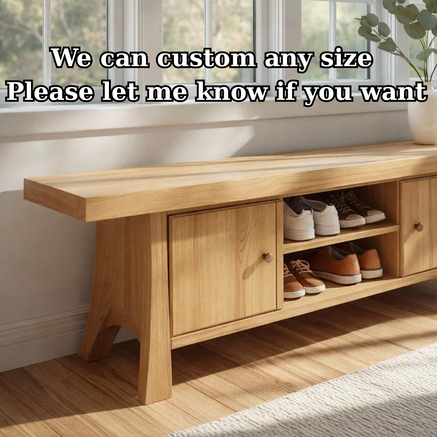 Solid Wood Shoe Storage Bench – Entryway Bench with Cabinet Doors and Open Shelf