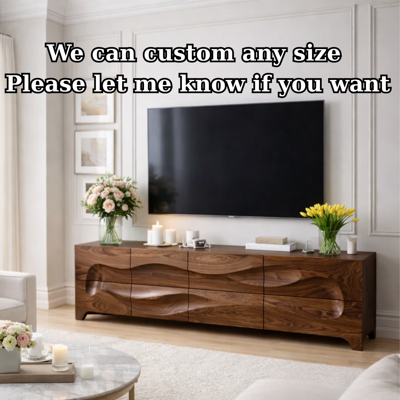 Solid Wood Sculptured Wave TV Console - Handcrafted Walnut Media Sideboard