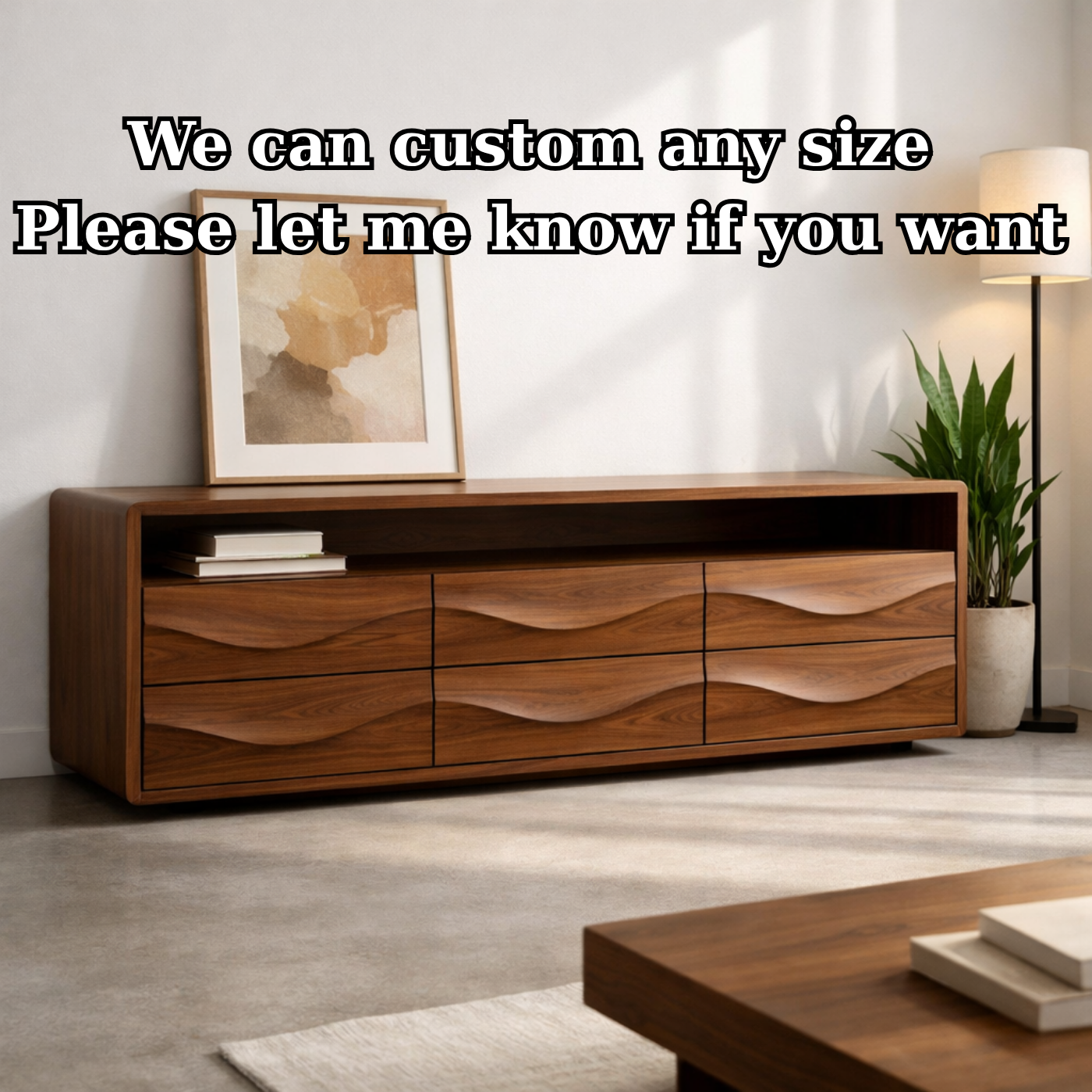 Solid Wood Console Table with Low Profile and Sculptural Wave Drawers