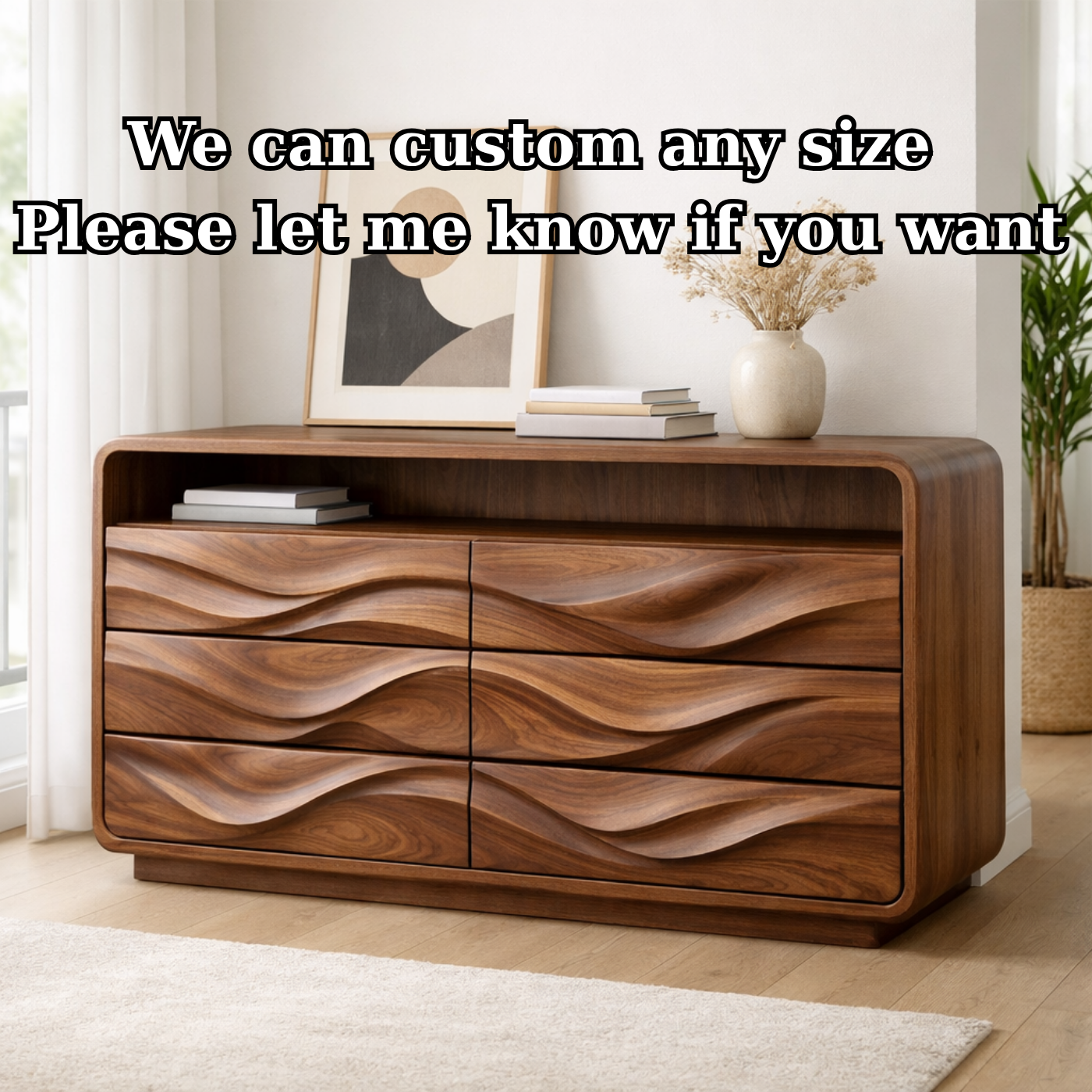 Solid Wood Console Table with Drawer Storage and Sculptural Wave Front Design