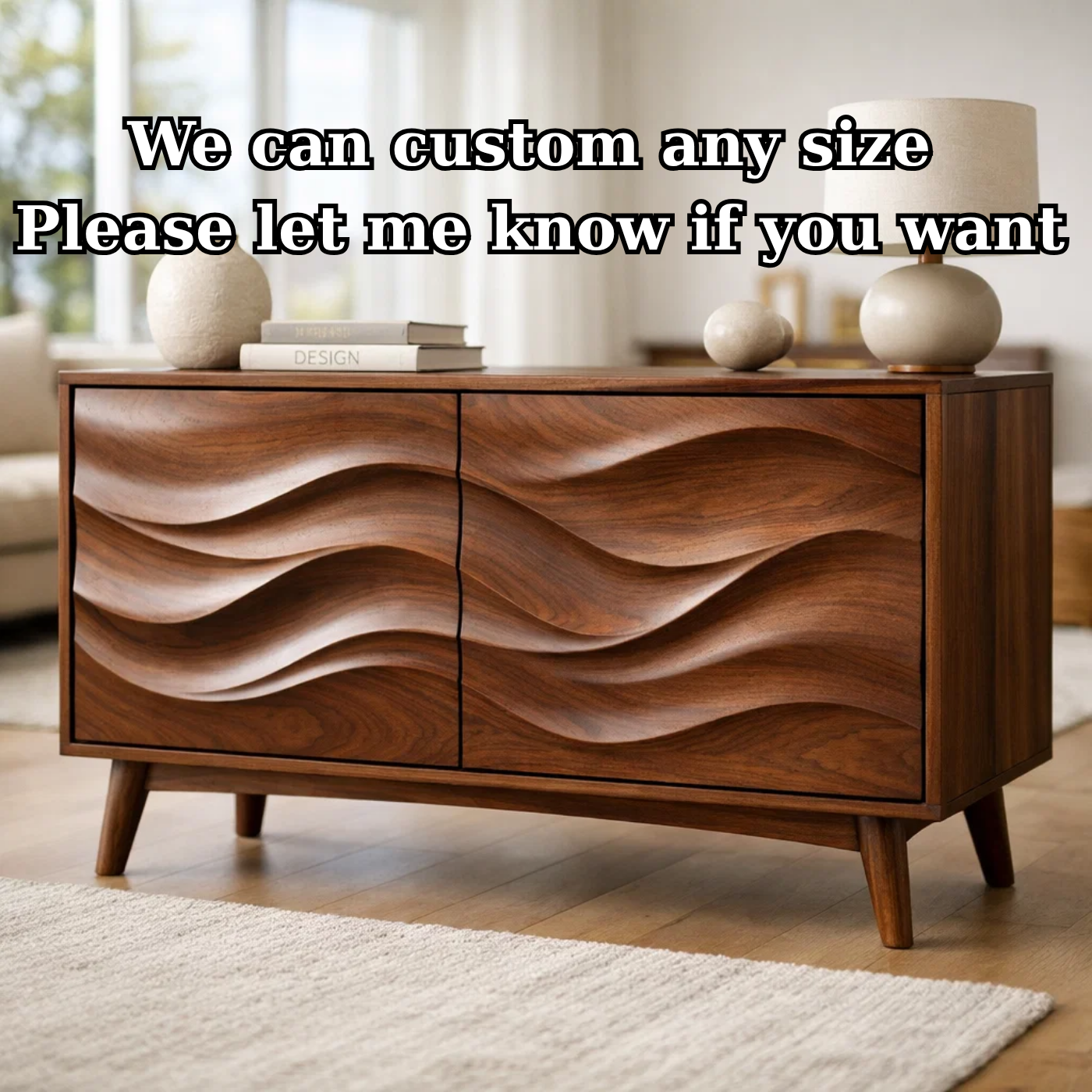 Solid Wood Console Table with Sculptural Wave Doors and Mid-Century Legs