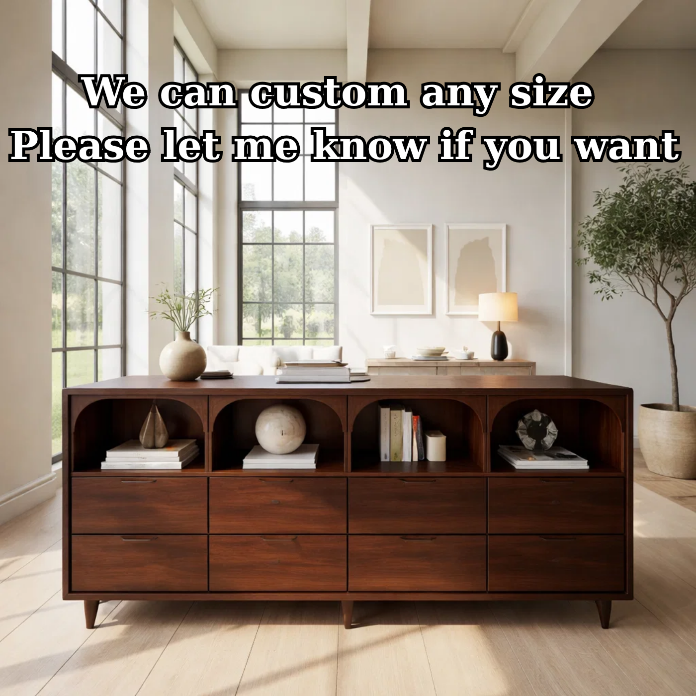 Solid Wood Console Table with Arched Open Shelves and Drawer Storage