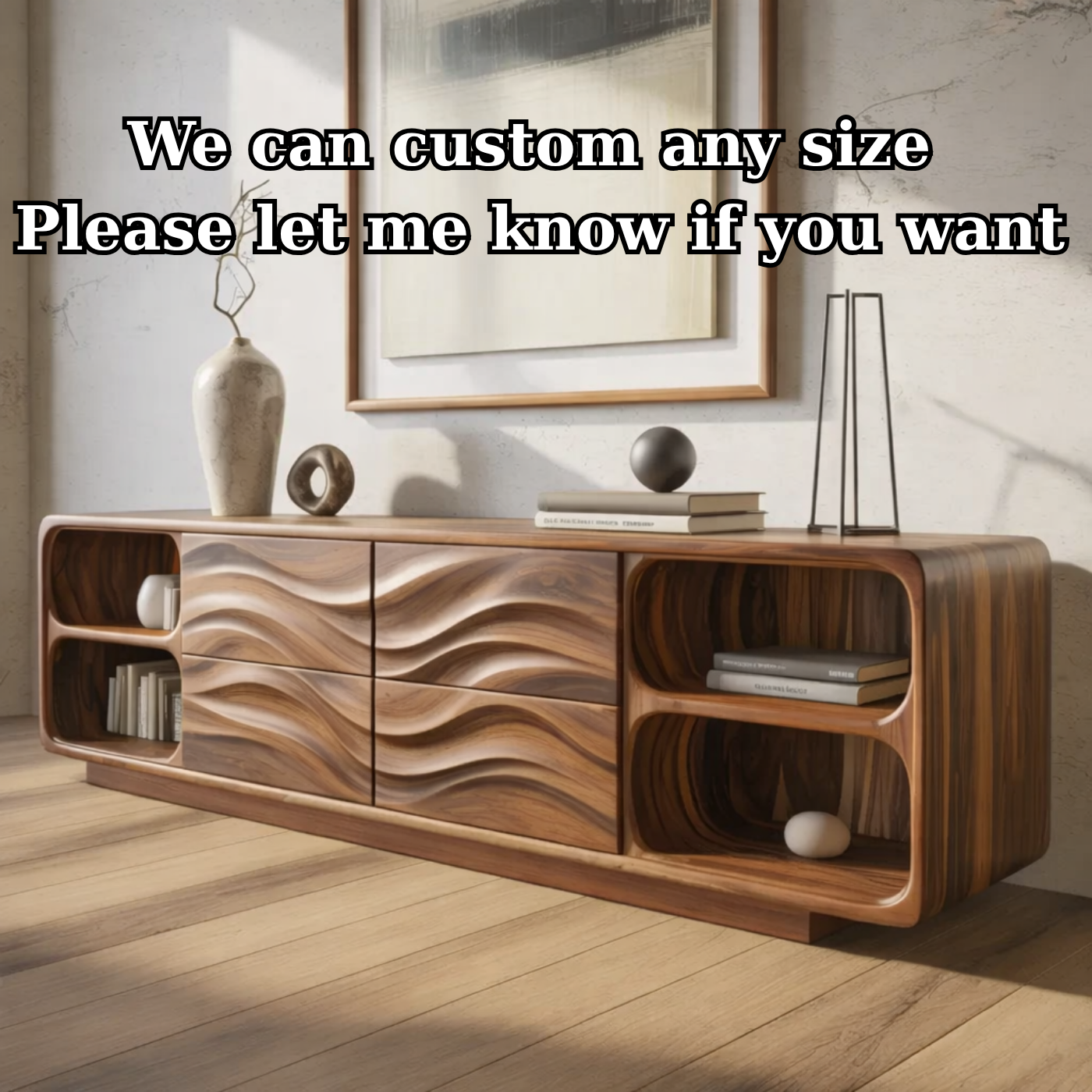 Solid Wood Console Table with Wave Carved Drawers and Open Shelf Design