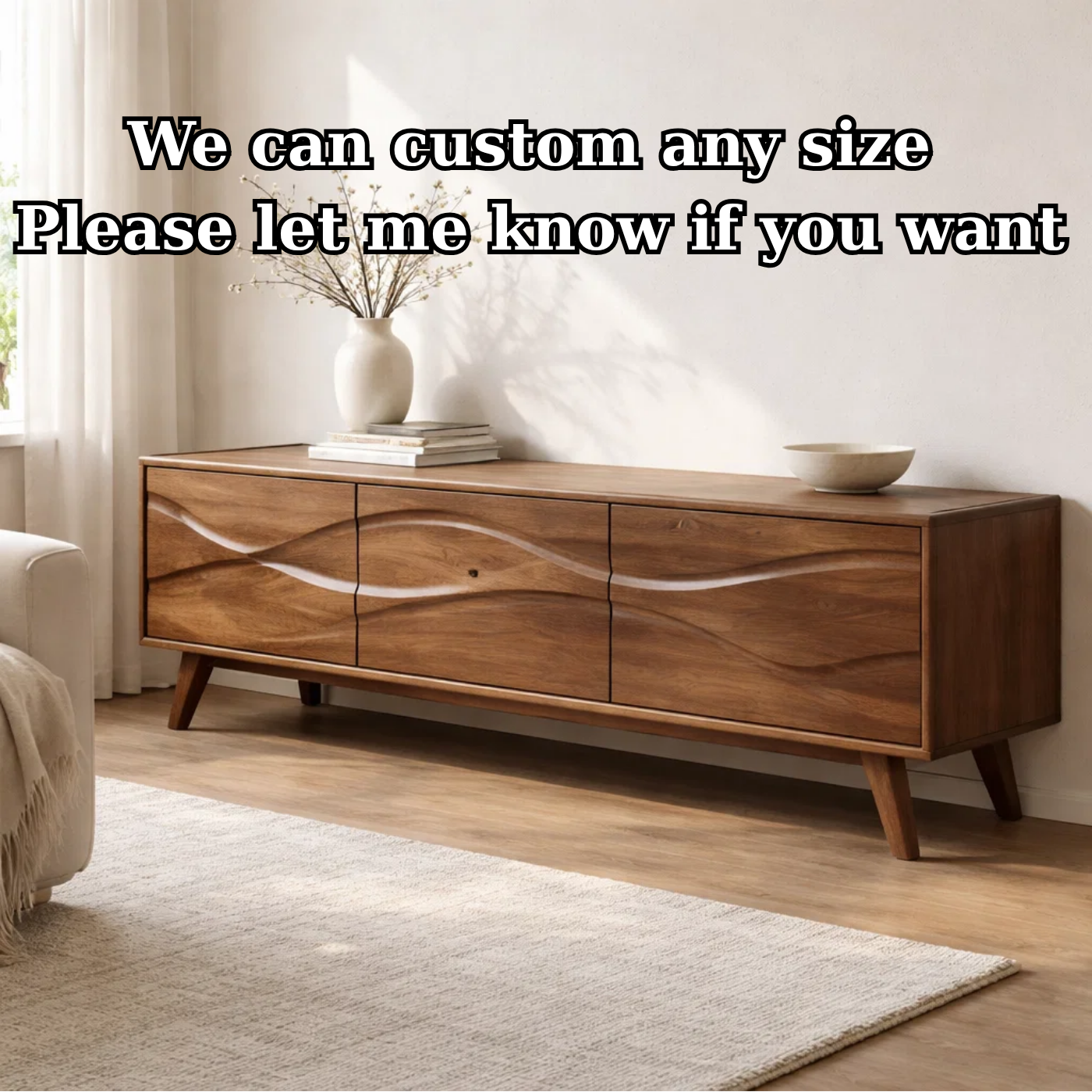Solid Wood Console Table with Minimal Wave Carved Doors for Modern Living Room