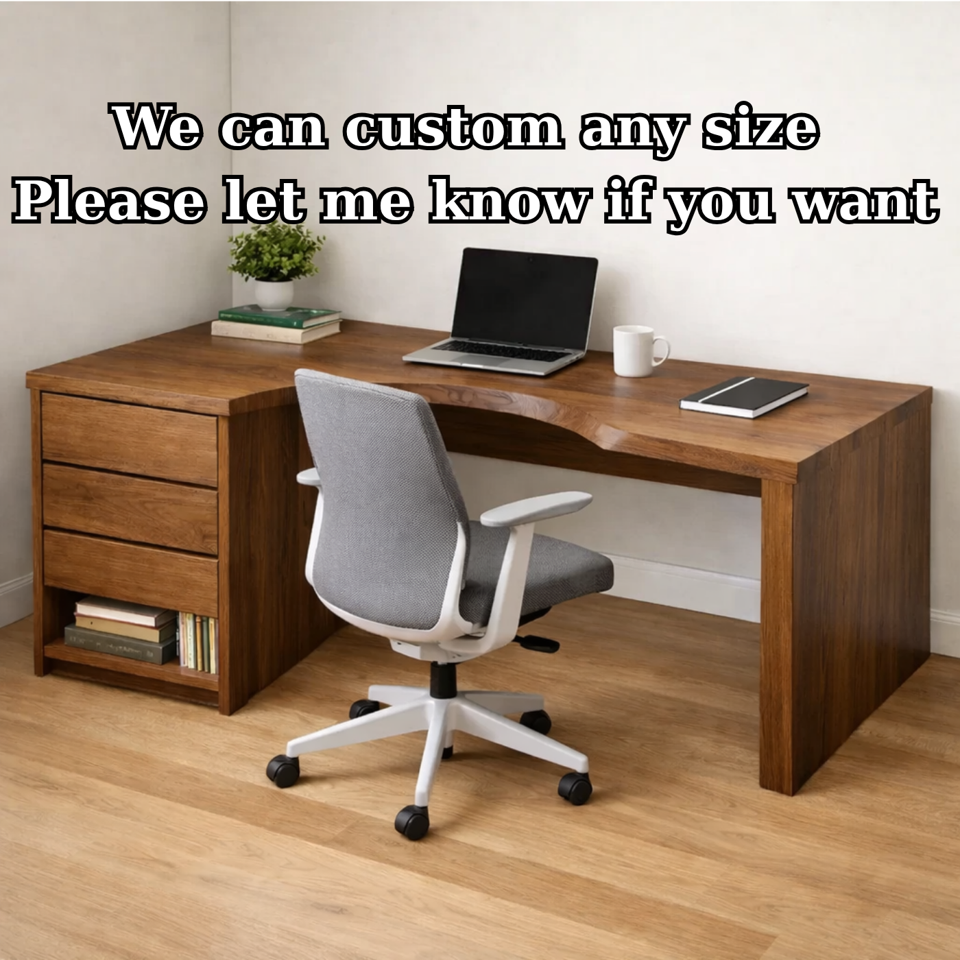 Solid Wood Study Desk with Storage Drawers and Curved Ergonomic Cutout