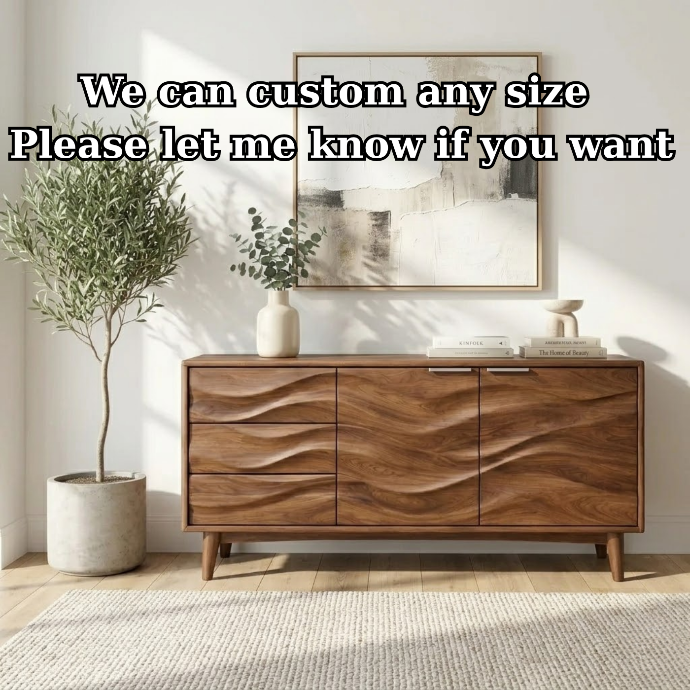 Solid Wood Console Table with Sculptural Wave Front Doors and Modern Storage Design