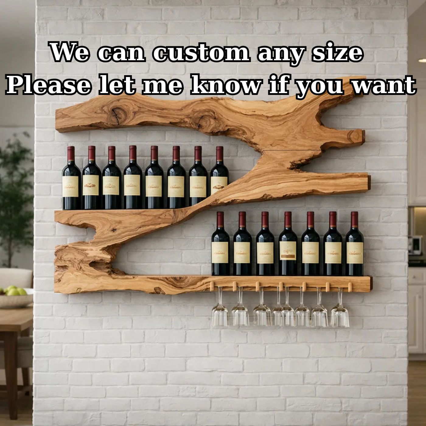 Live Edge Solid Wood Wine Rack Wall Shelf with Glass Holder