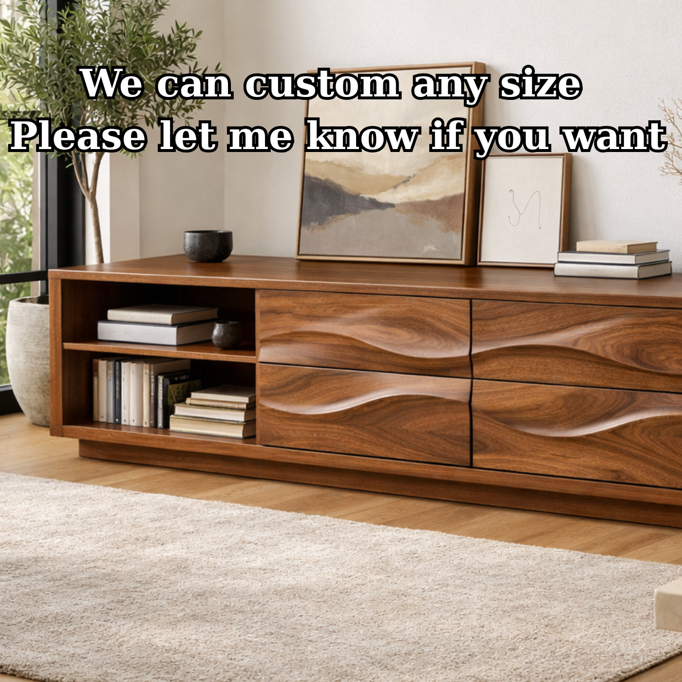 Solid Wood Wave Drawer TV Stand with Open Shelf for Modern Living Room