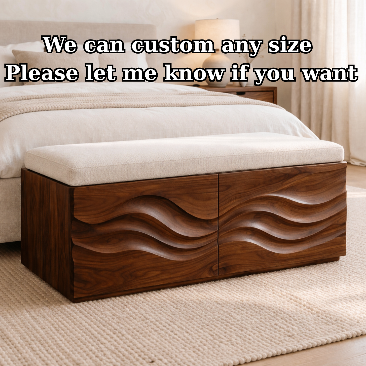 Solid Wood Storage Bench with Wave Carved Front for Bedroom or Entryway