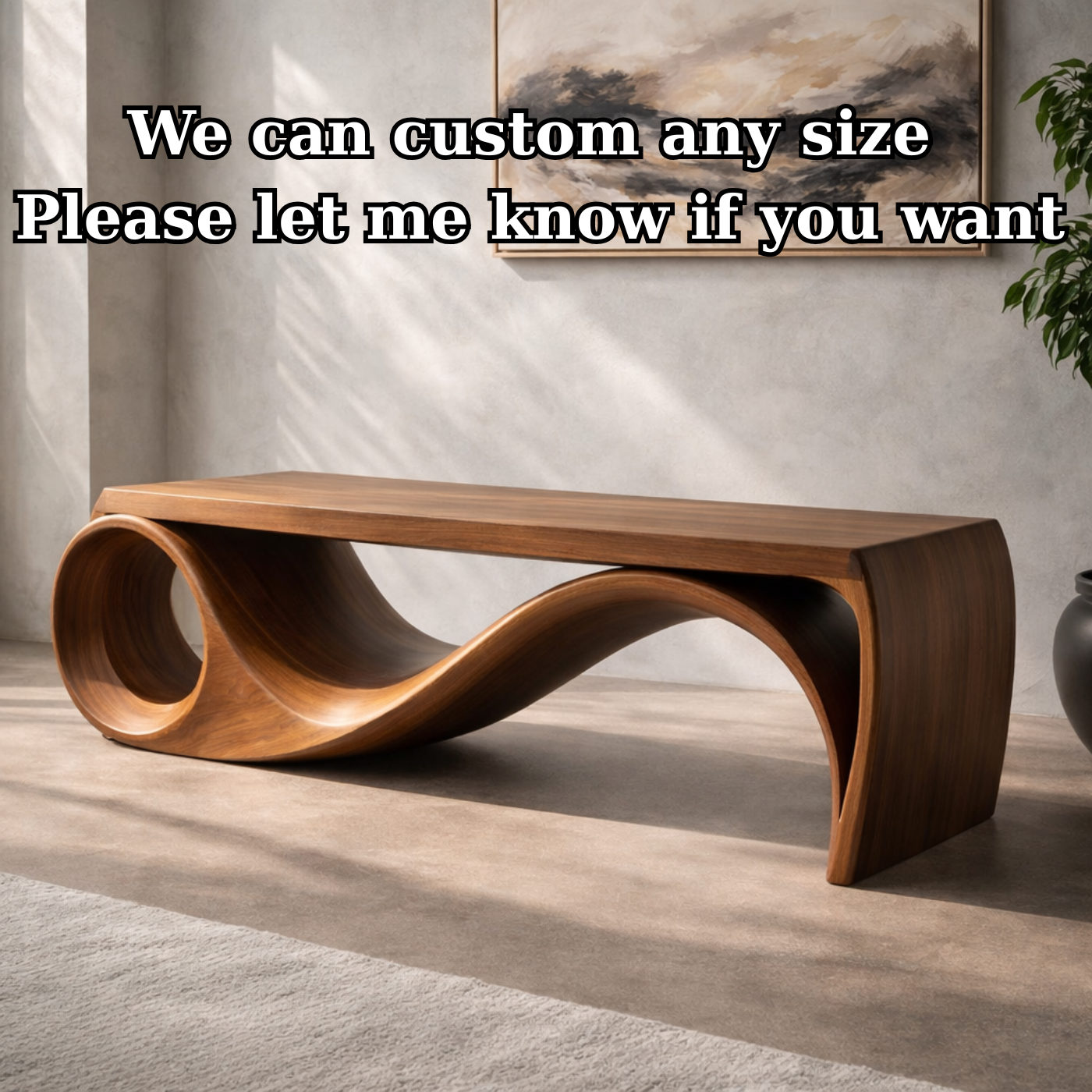 Solid Wood Sculptural Bench with Curved Wave Base Modern Design