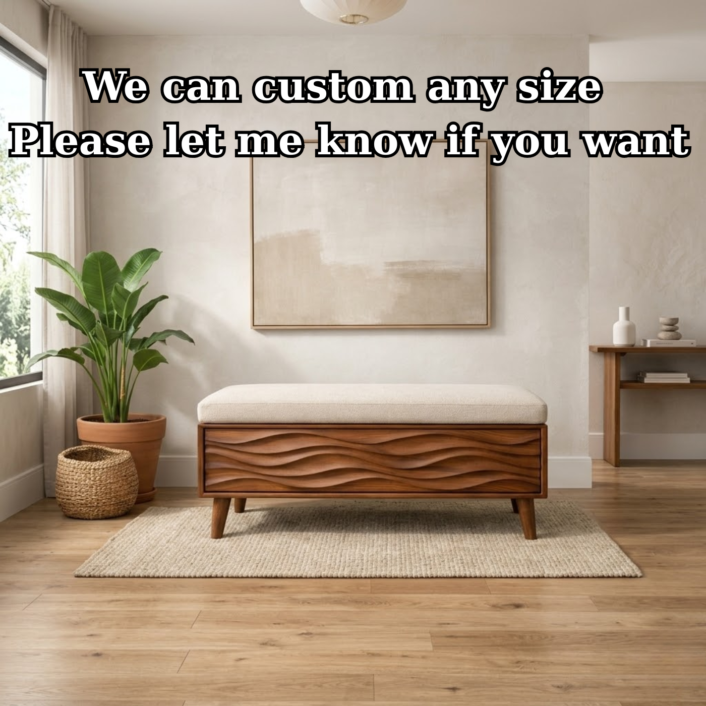 Solid Wood Storage Bench with Upholstered Seat and Wave Carved Front