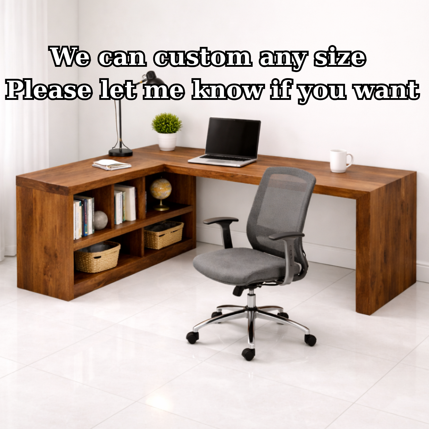 Solid Wood L-Shaped Desk with Open Shelves for Home Office