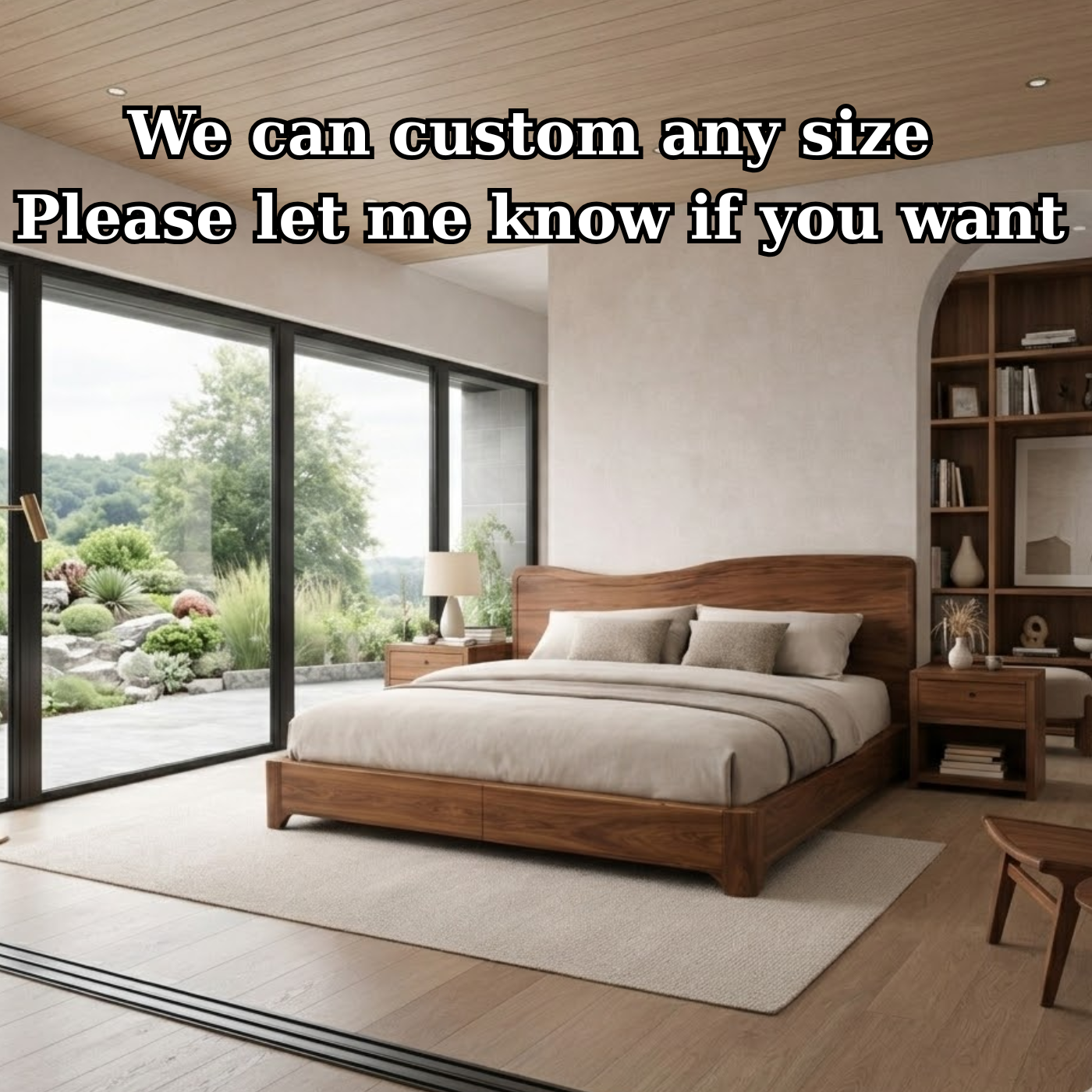 Solid Wood Bed Frame with Curved Headboard and Modern Low-Profile Design