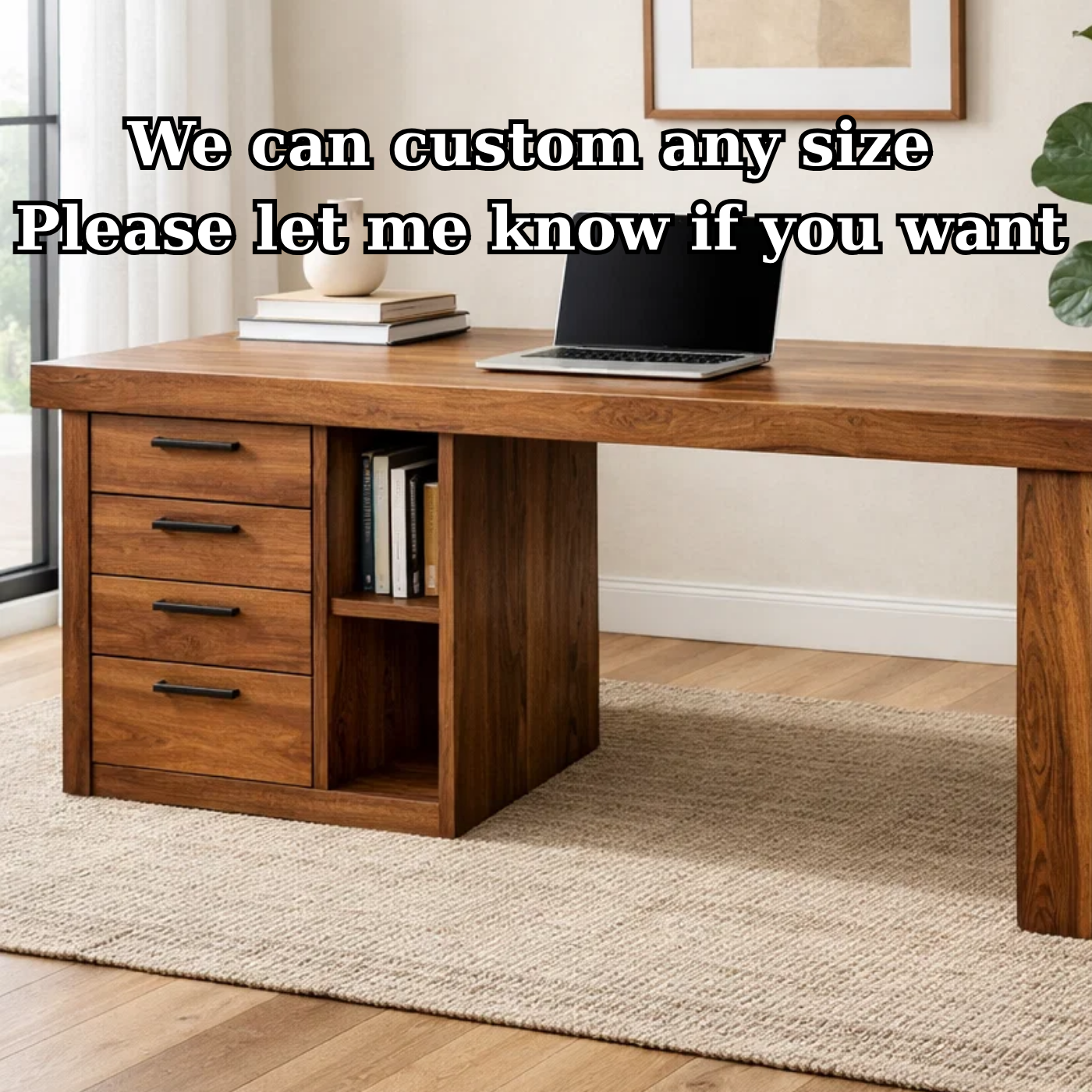 Handcrafted Solid Wood Office Desk with Storage Drawers and Open Shelf