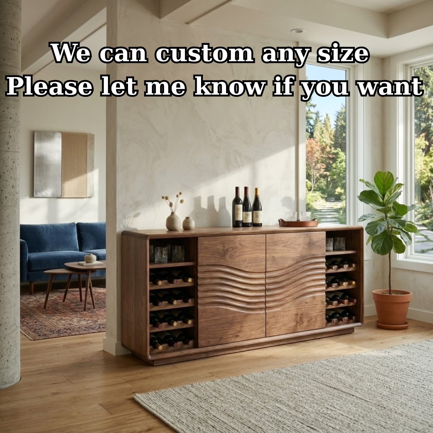 Solid Wood Wine Cabinet with Wave Front Doors and Built-in Bottle Storage